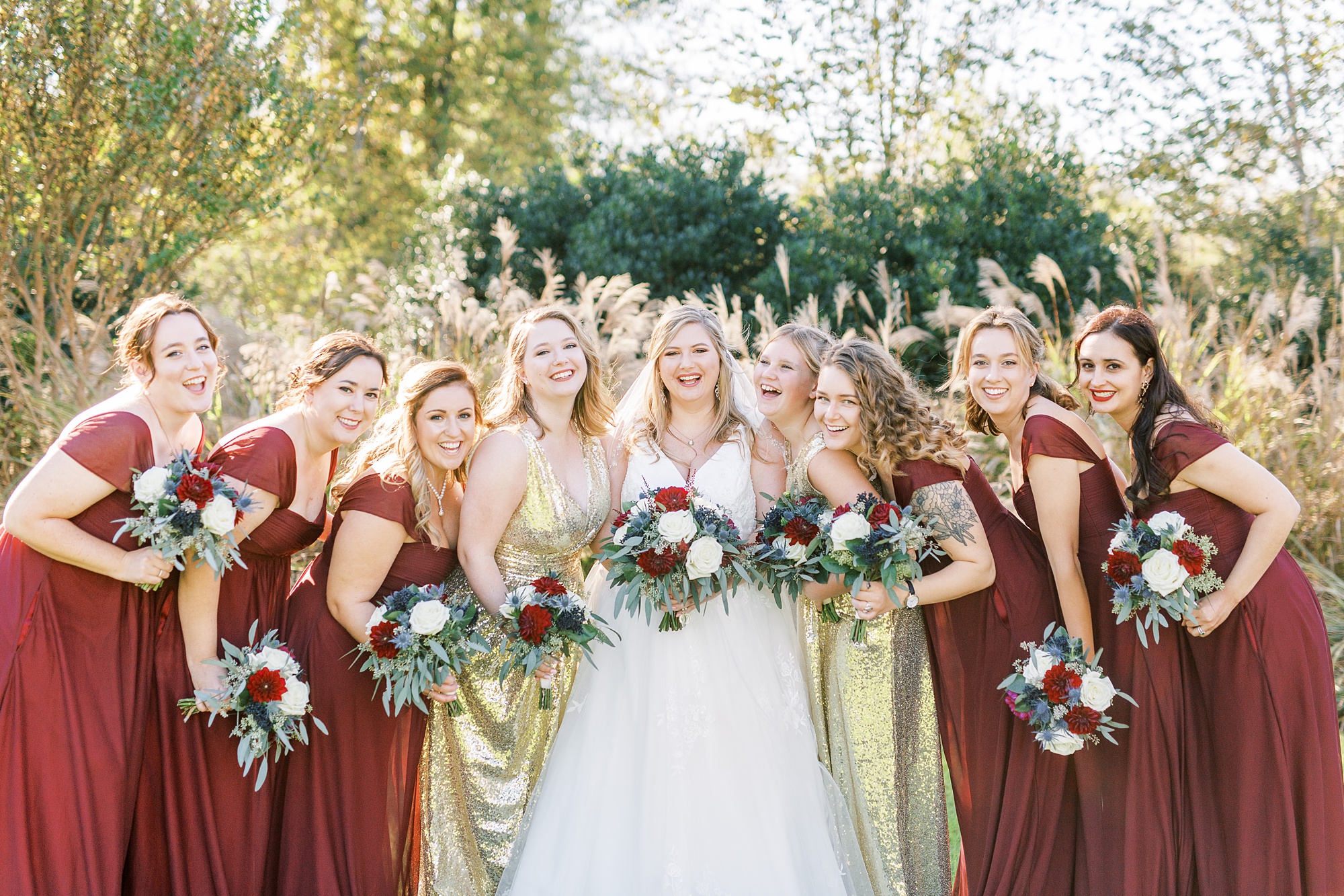 bridesmaids laugh with bride before Arbors Events Wedding