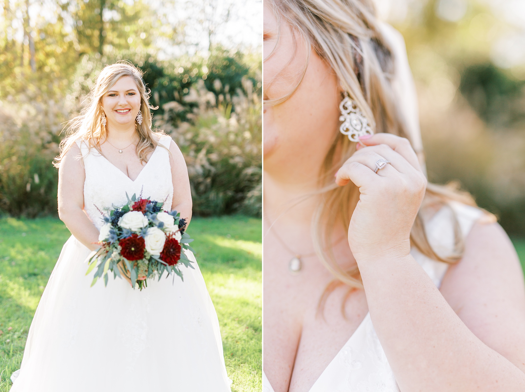 bride shows off earrings during bridal portraits at the Arbors Events