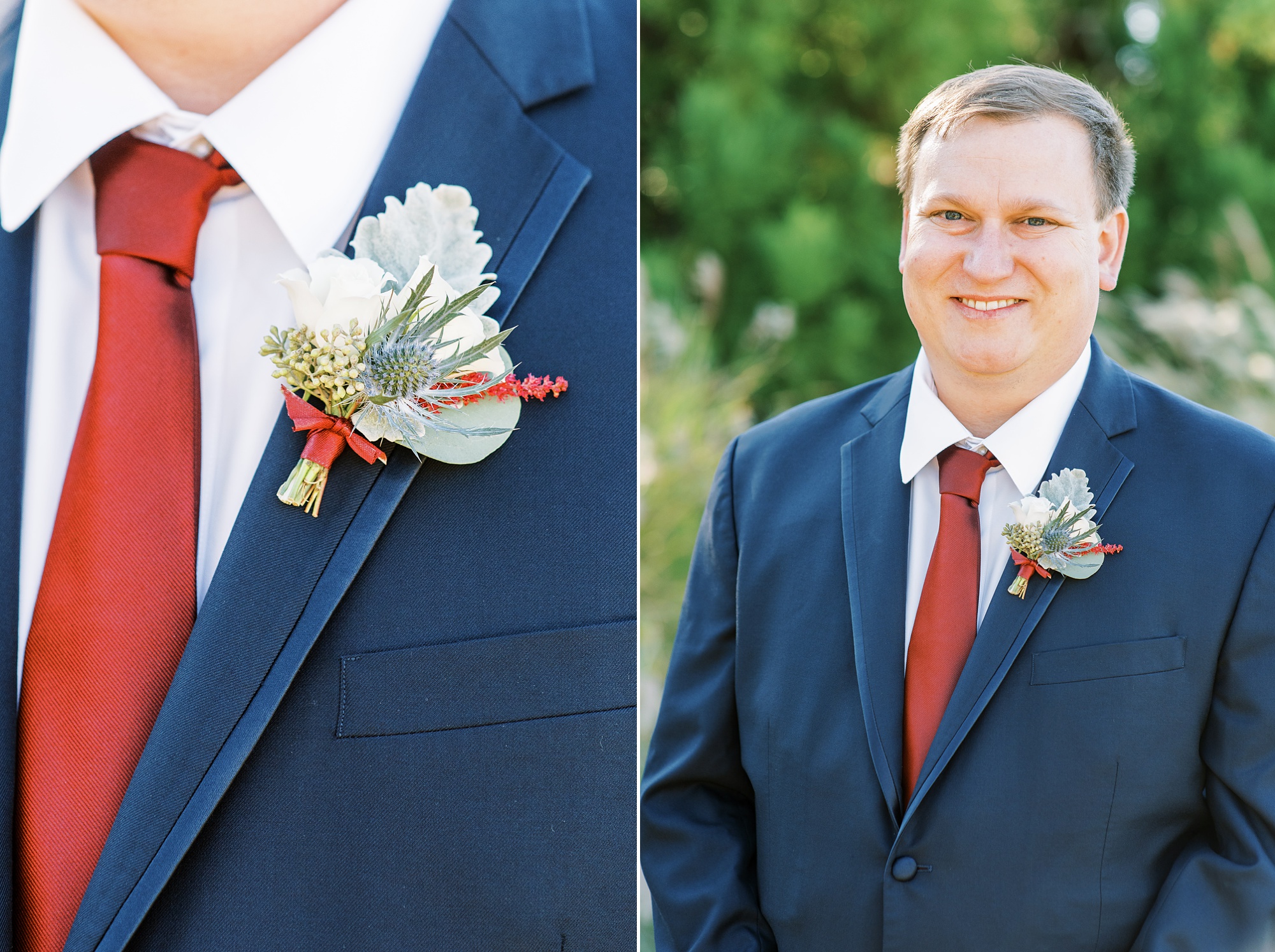 groom in navy suit with burnt orange tie
