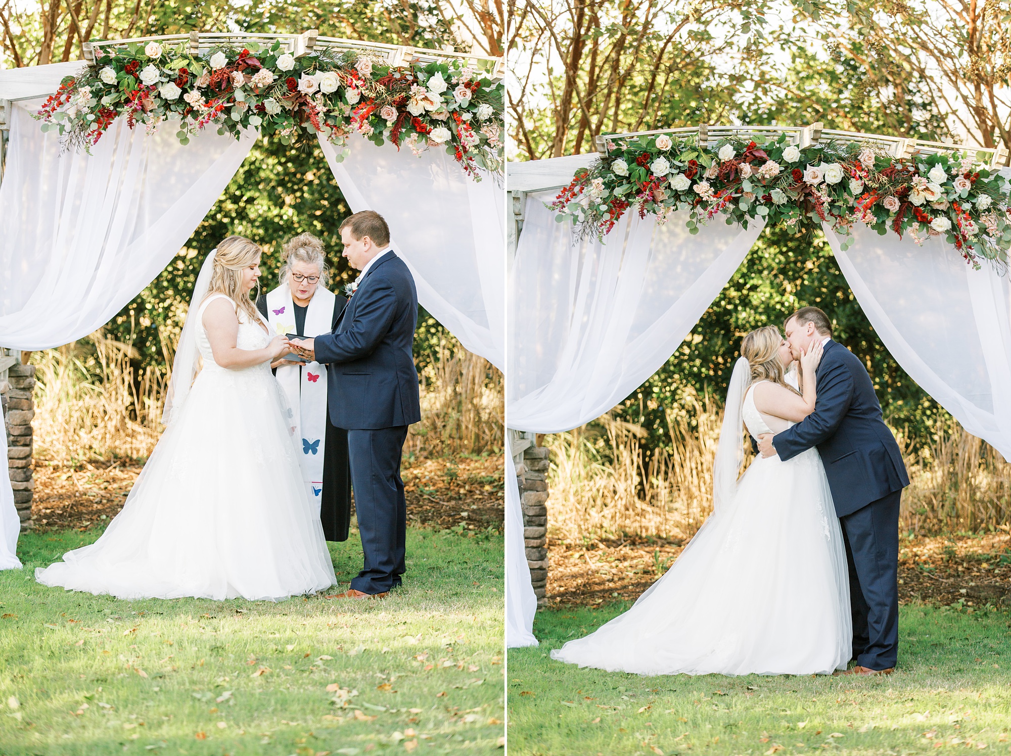 newlyweds kiss during wedding ceremony at the Arbors Events