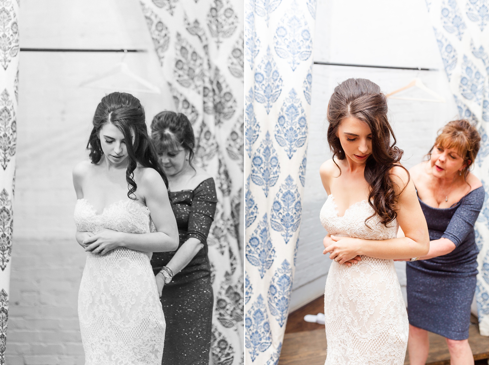mother of bride helps with back of dress