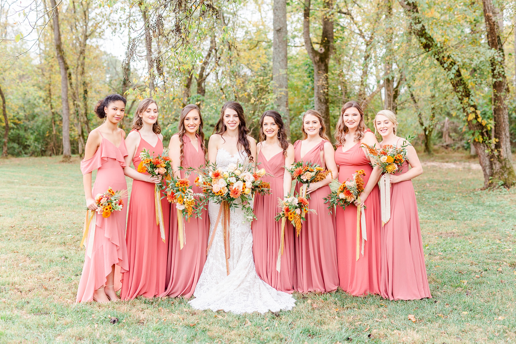 fall bridesmaid inspiration for coral gowns