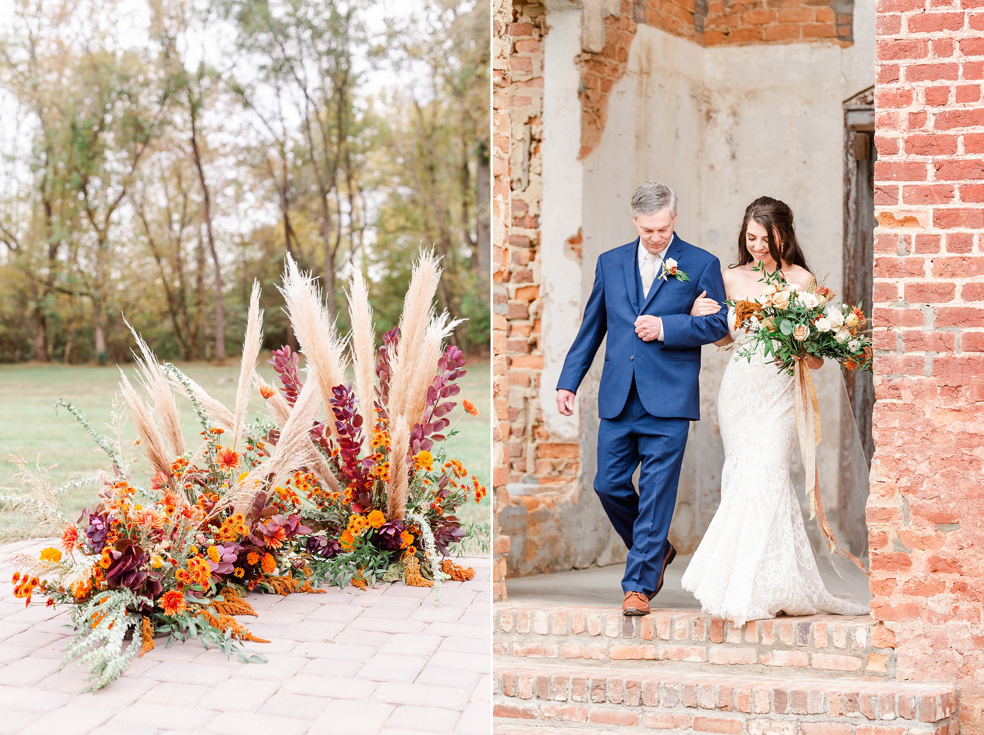 tall tan grass and burgundy florals for Providence Cotton Mill ceremony