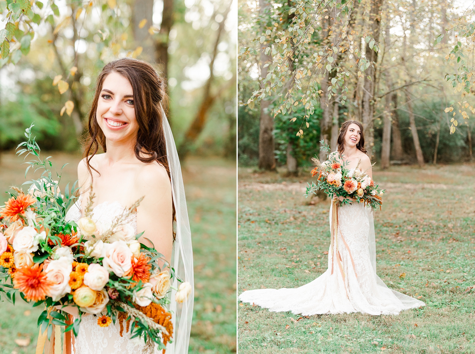 bride poses holding fall bouquet at Providence Cotton Mill