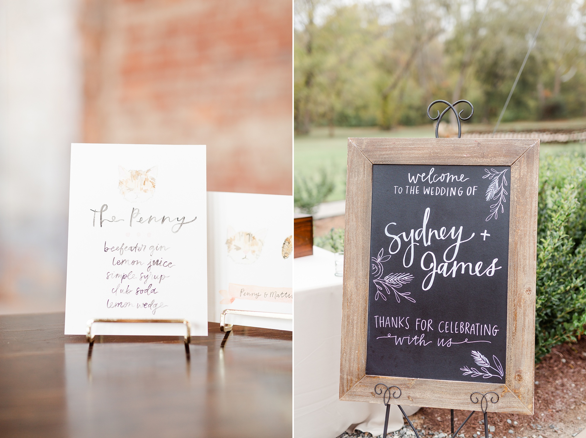 welcome sign and signature drink sign for Providence Cotton Mill wedding reception