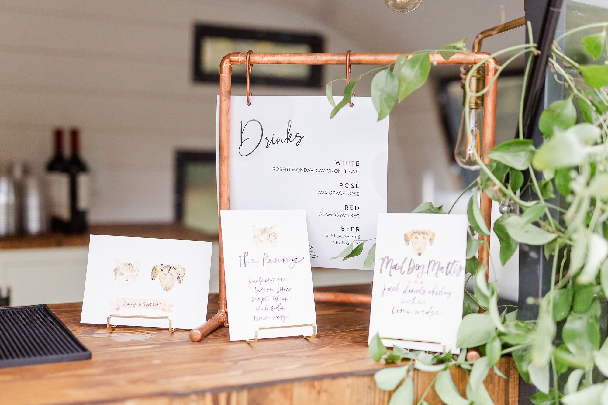 industrial sign for signature drinks at Providence Cotton Mill wedding reception