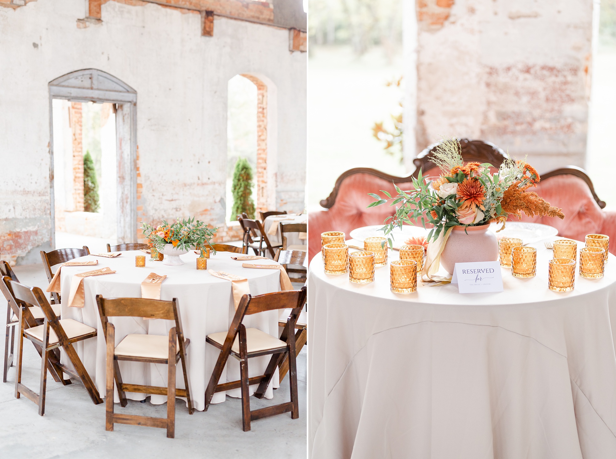 bohemian reception inspiration for fall wedding day with gold and orange details