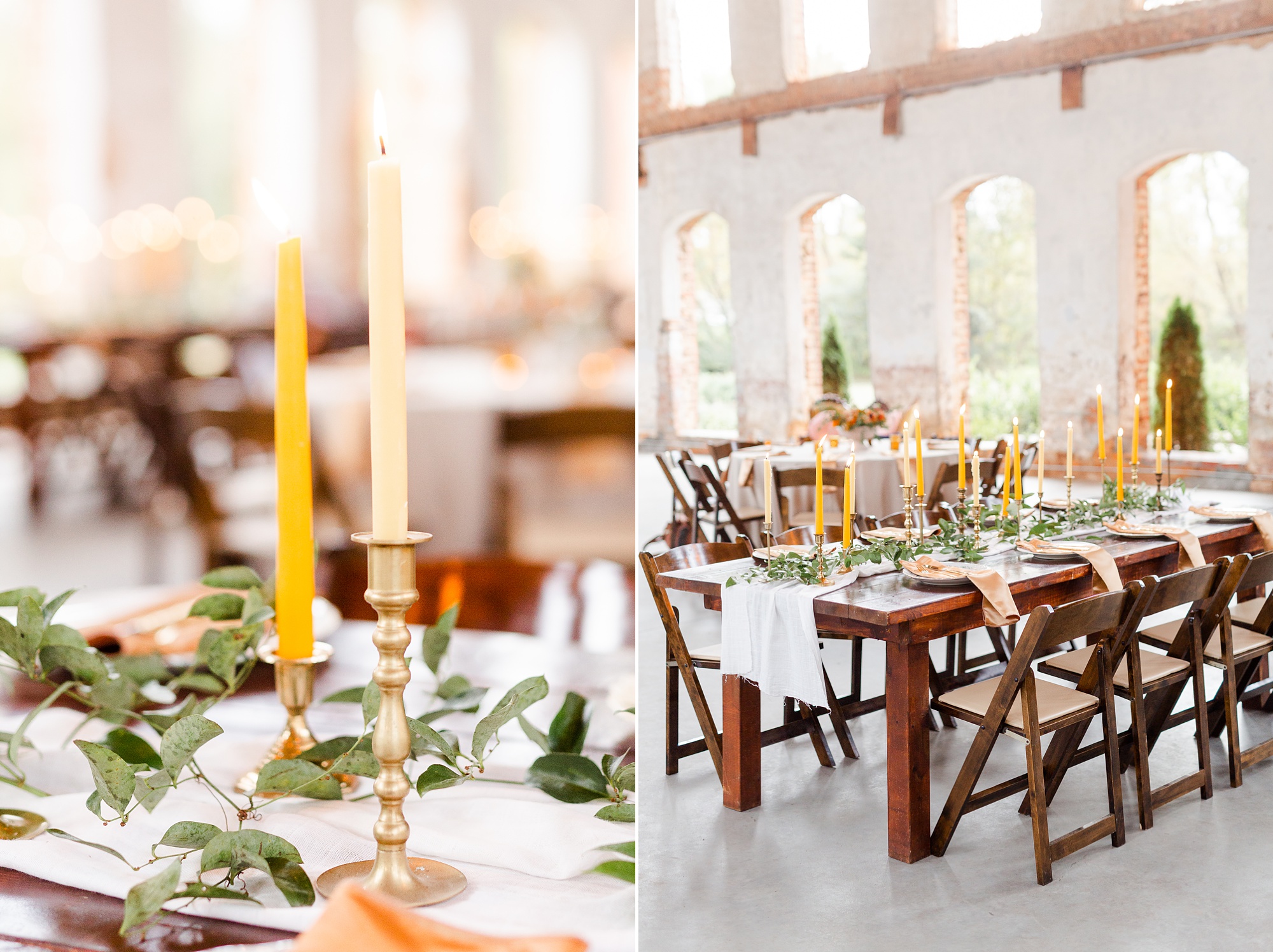 Providence Cotton Mill wedding reception seating with tall gold candles