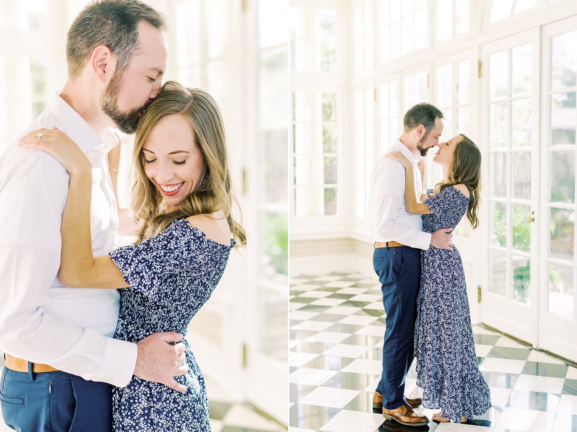 bride and groom kiss during Separk Mansion engagement session