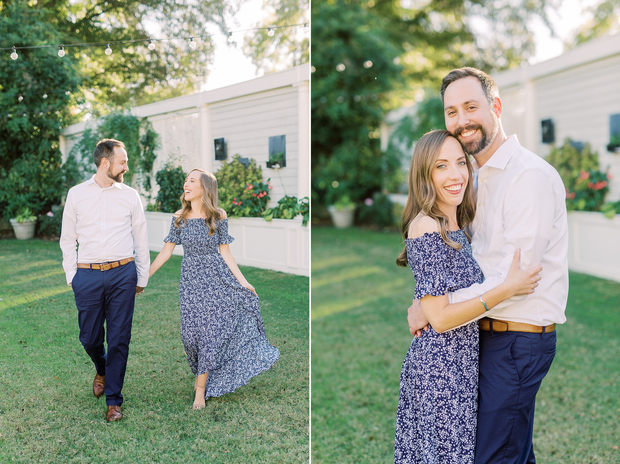bride and groom pose in yard during Gastonia NC engagement session