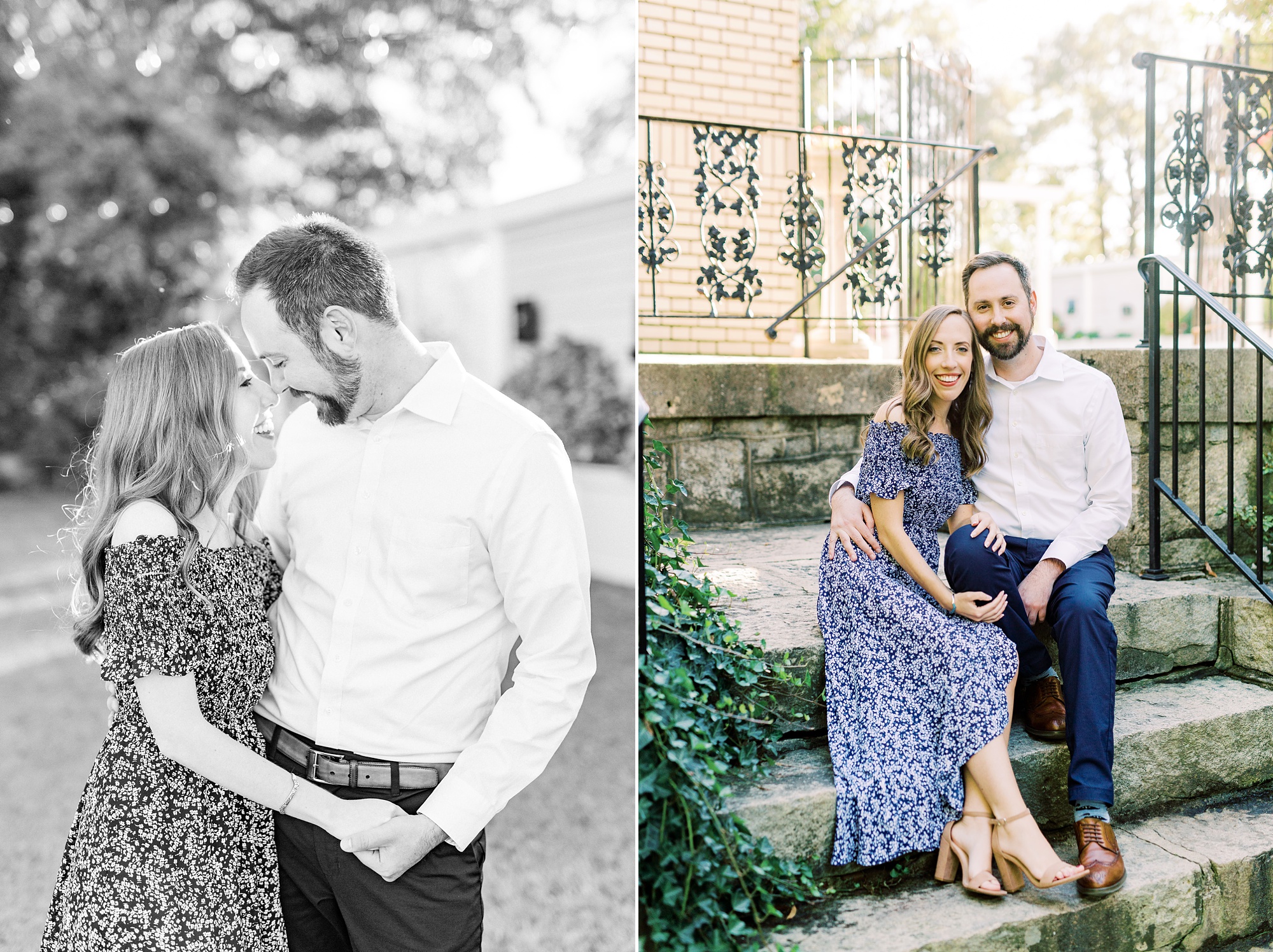 engaged couple sits on steps of historic home during Gastonia NC engagement session