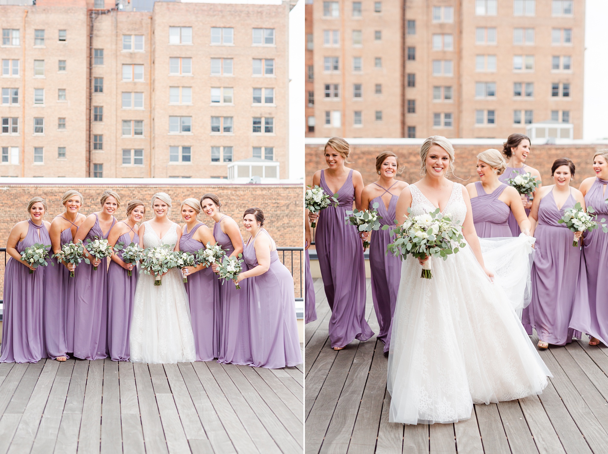 bridesmaids in lilac gowns pose with bride