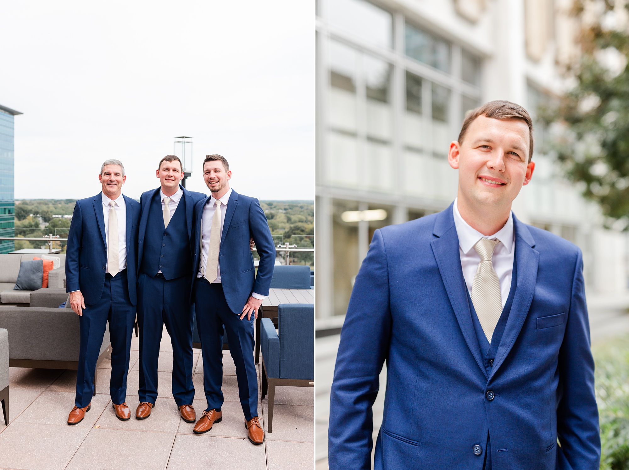 groom and groomsmen in navy suits pose in Raleigh NC