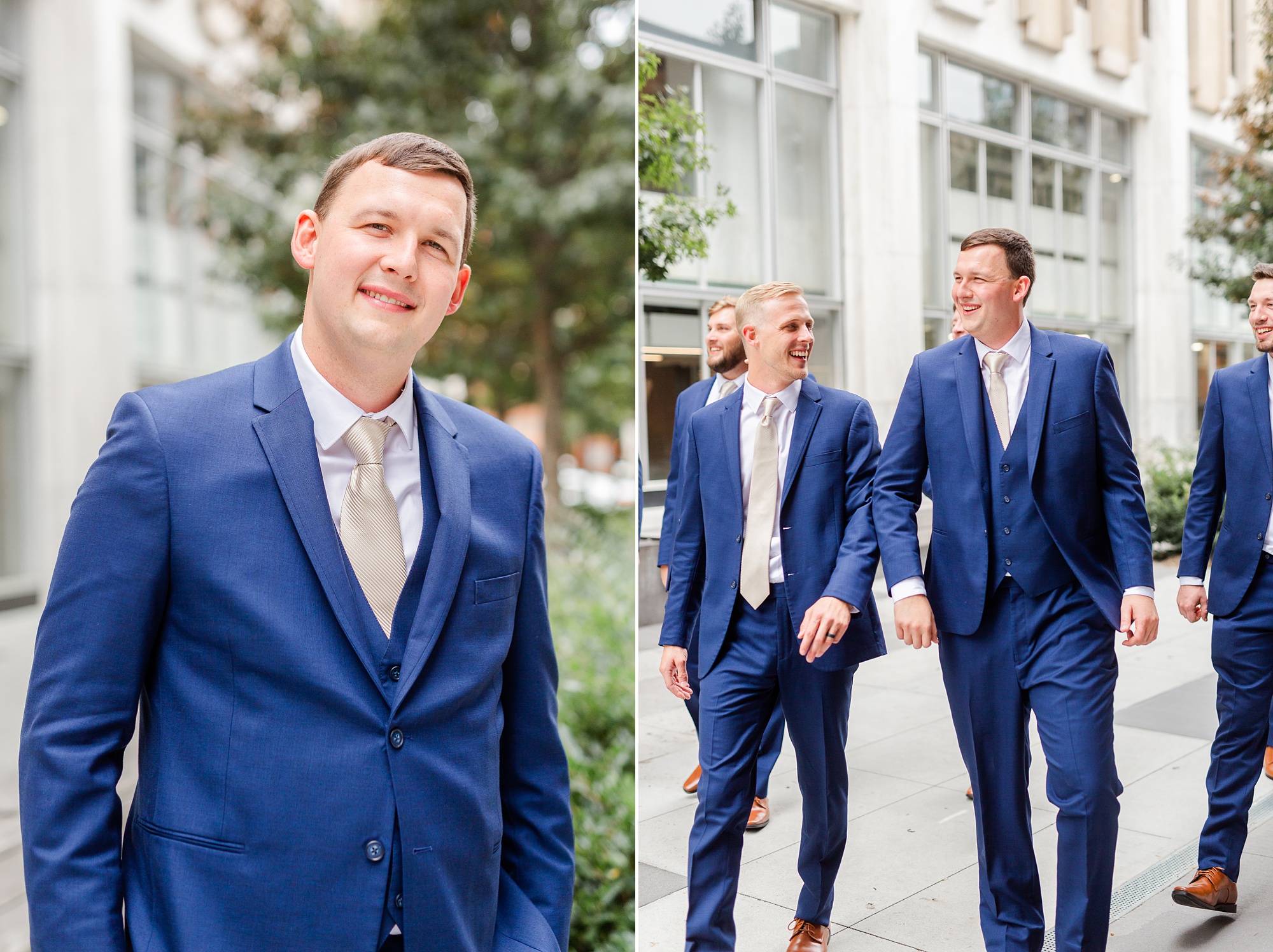 groom in navy suit walks with groomsmen