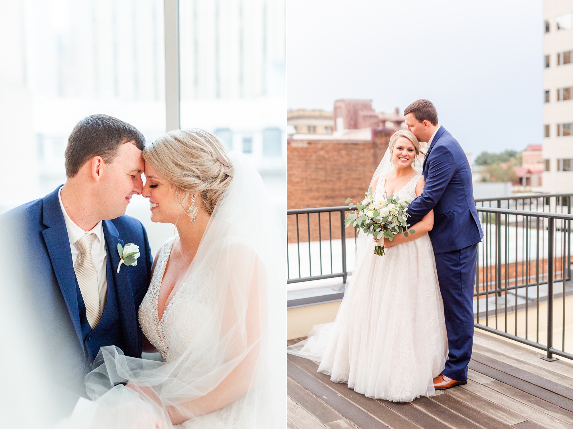 Raleigh NC wedding photos with bride and groom on rooftop