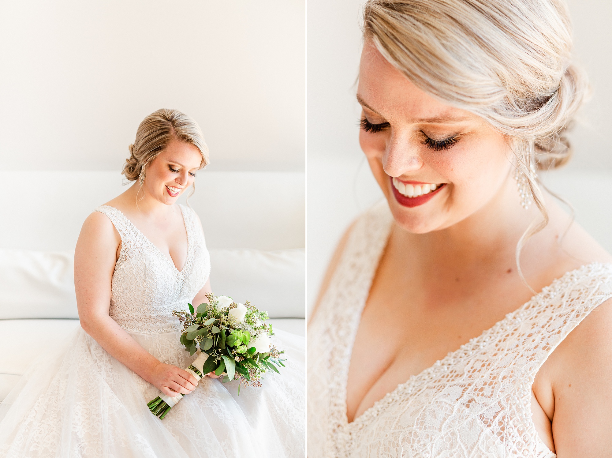 bride sits on couch with bouquet during bridal session in Raleigh NC
