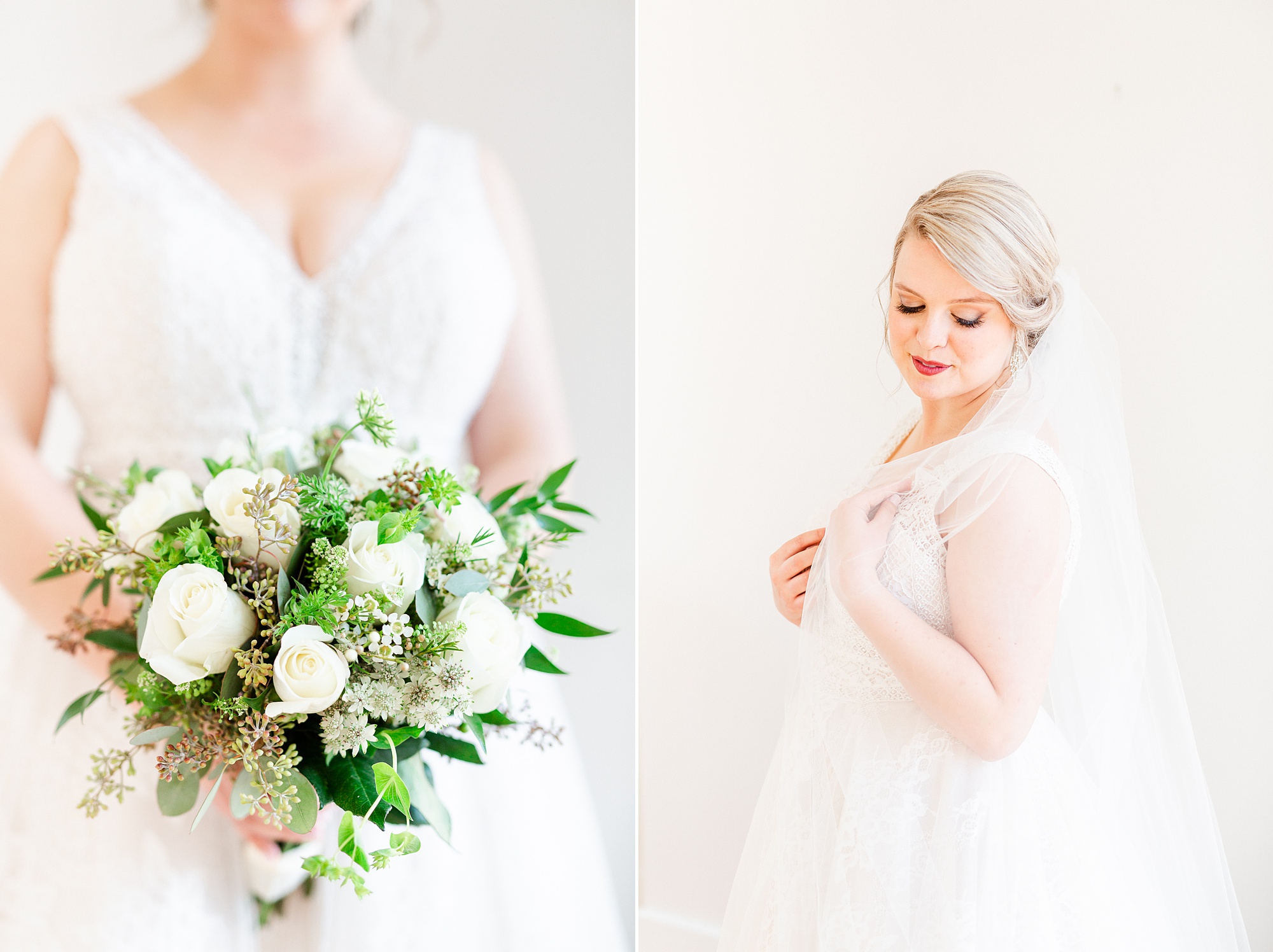 romantic bridal photos of bride with white and green bouquet