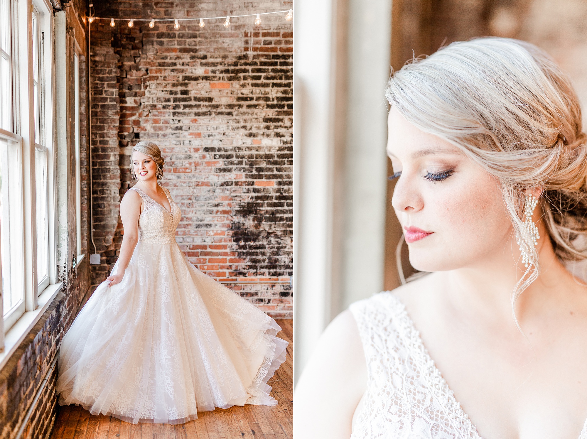 bride twirls wedding gown in front of brick wall in Raleigh NC
