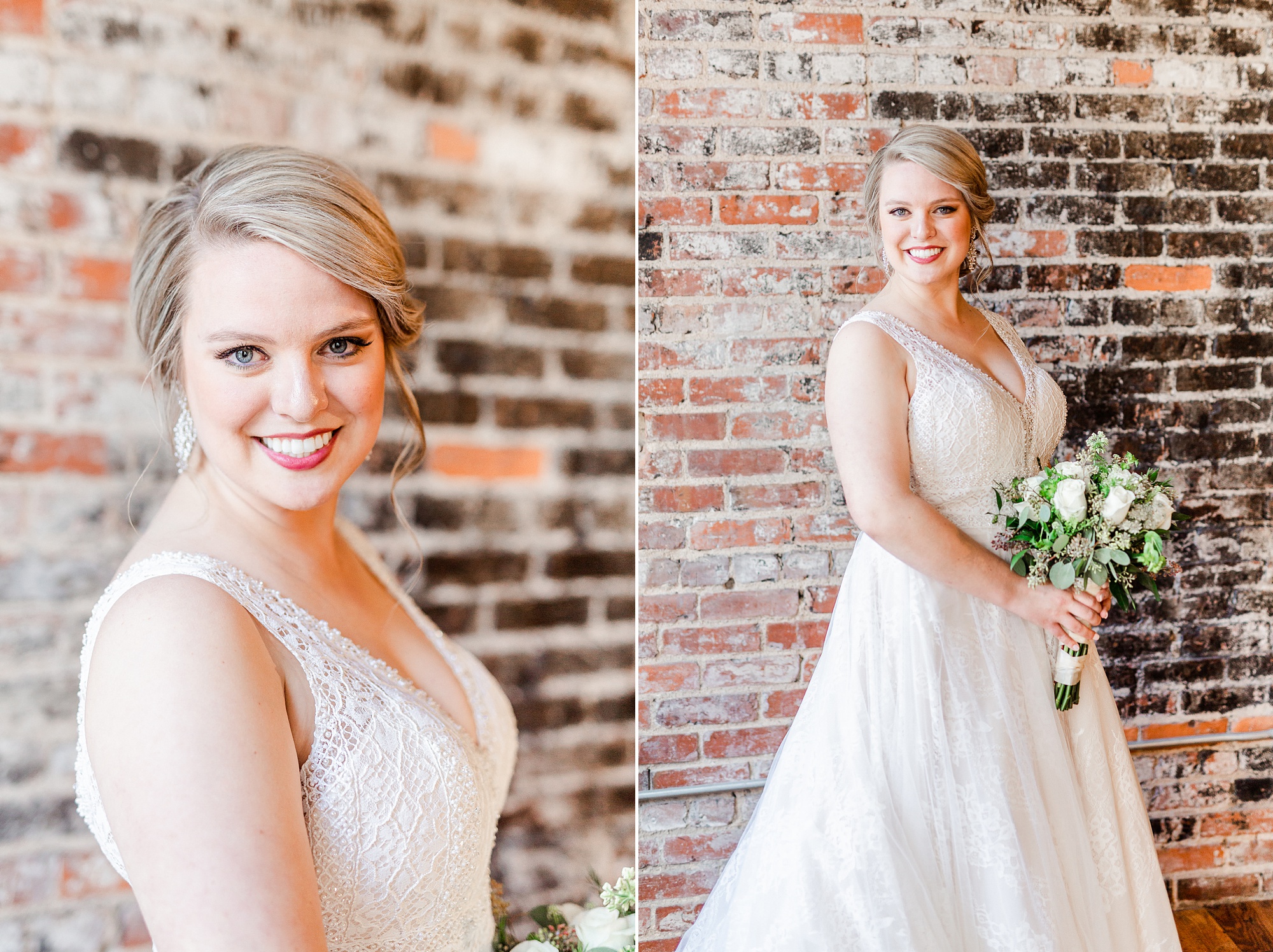 bride holds bouquet during NC bridal session