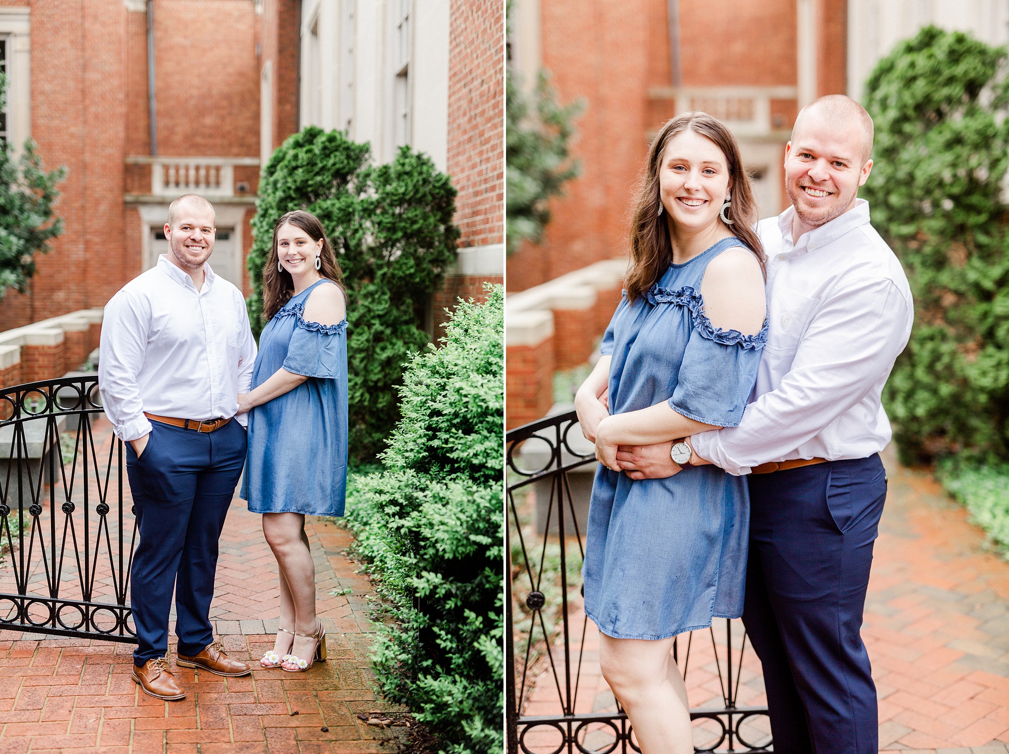engaged couple poses by brick building during Downtown Davidson NC engagement session