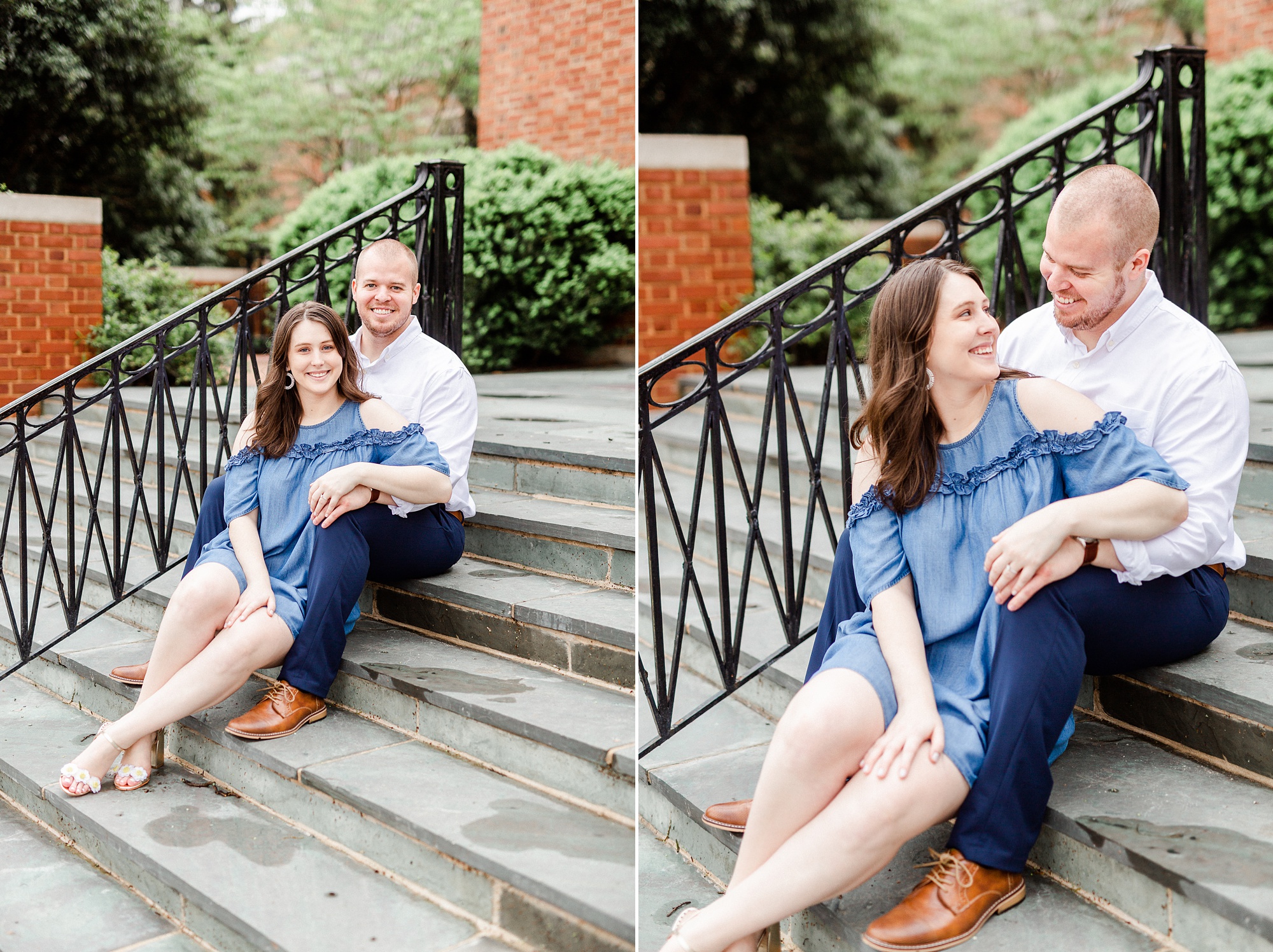 engaged couple sits on steps in Downtown Davidson
