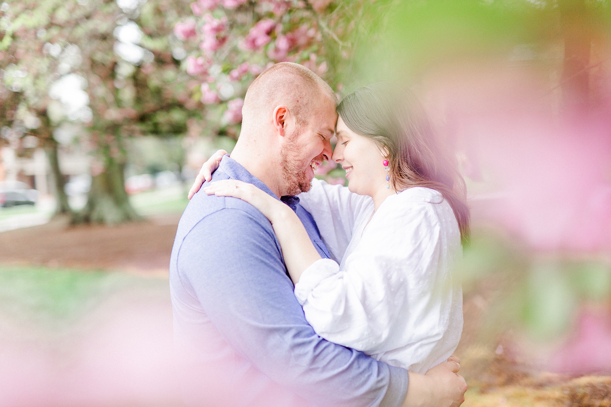 spring engagement portraits in Downtown Davidson NC