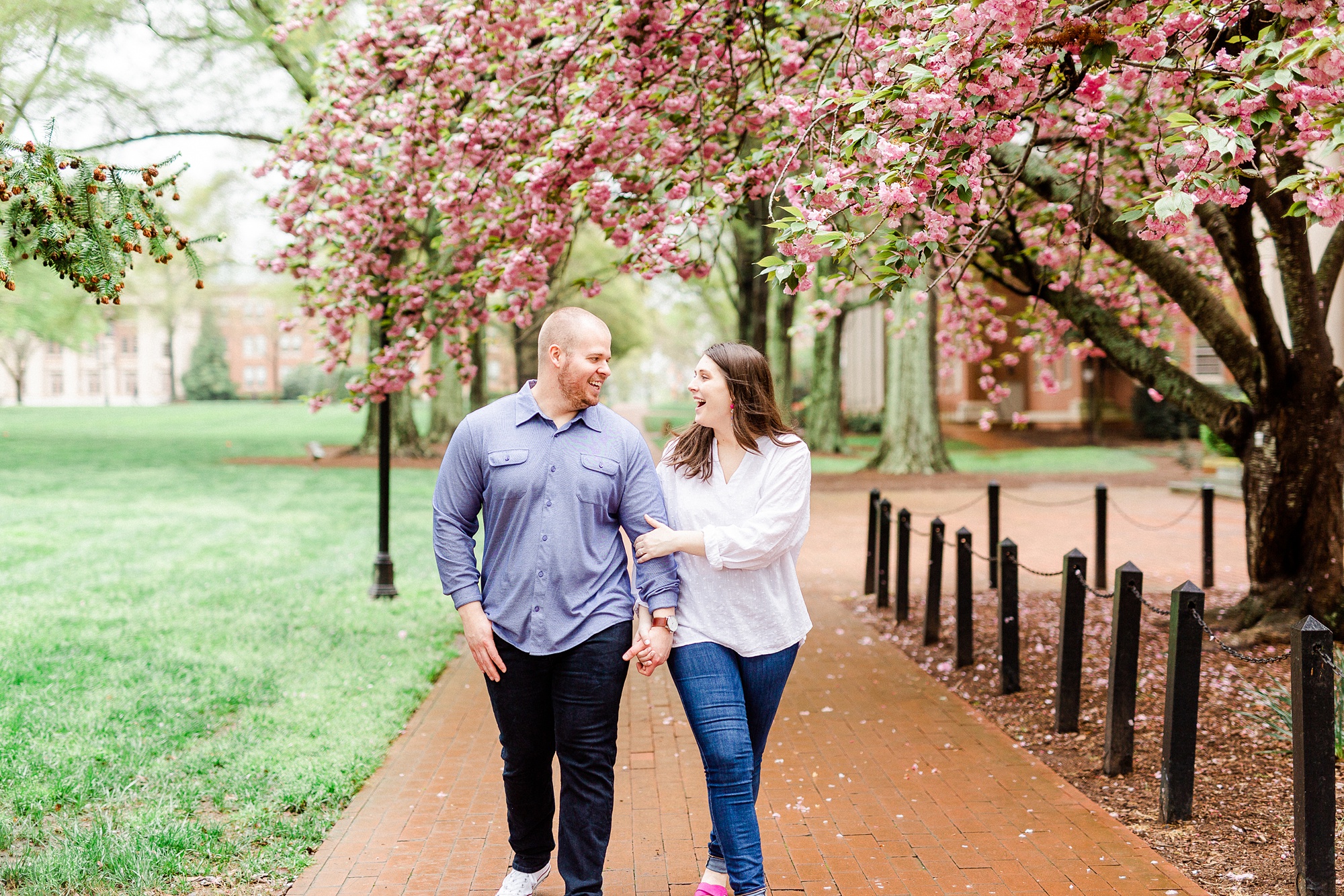 casual spring engagement portraits in Downtown Davidson