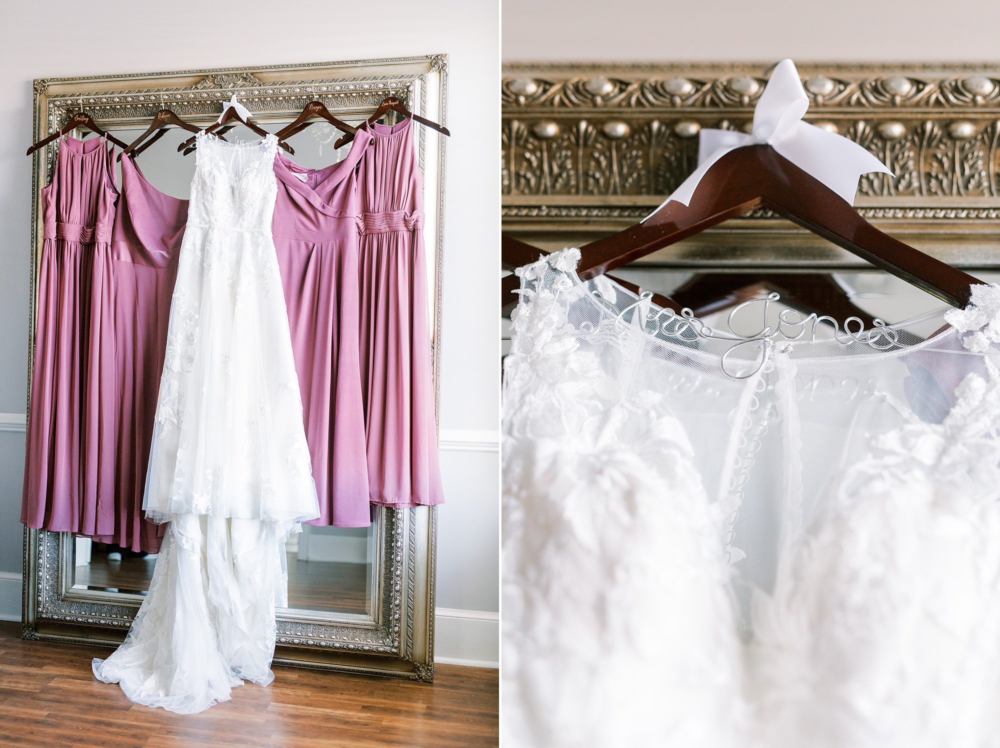 bride's dress hangs with dusty pink bridesmaid gowns