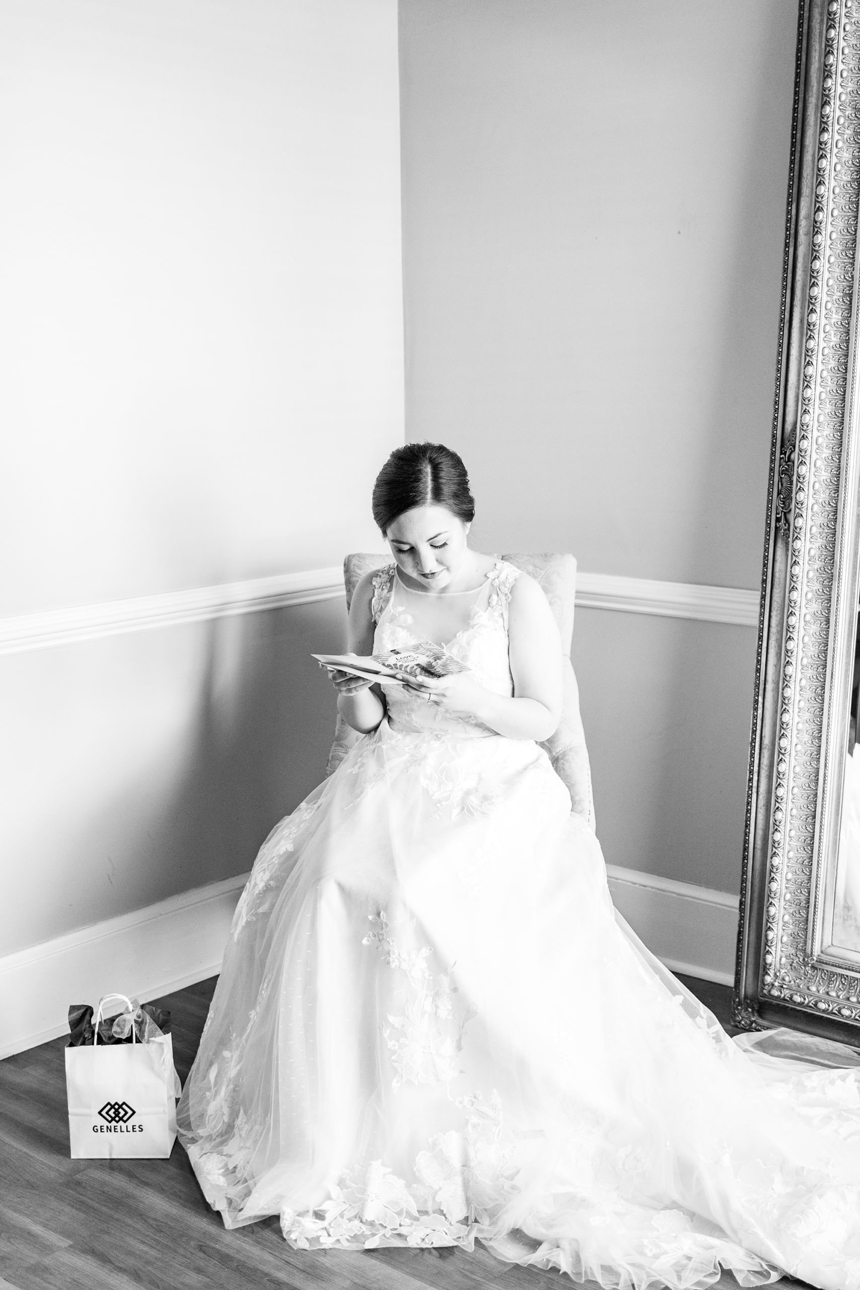 bride reads letter on wedding day