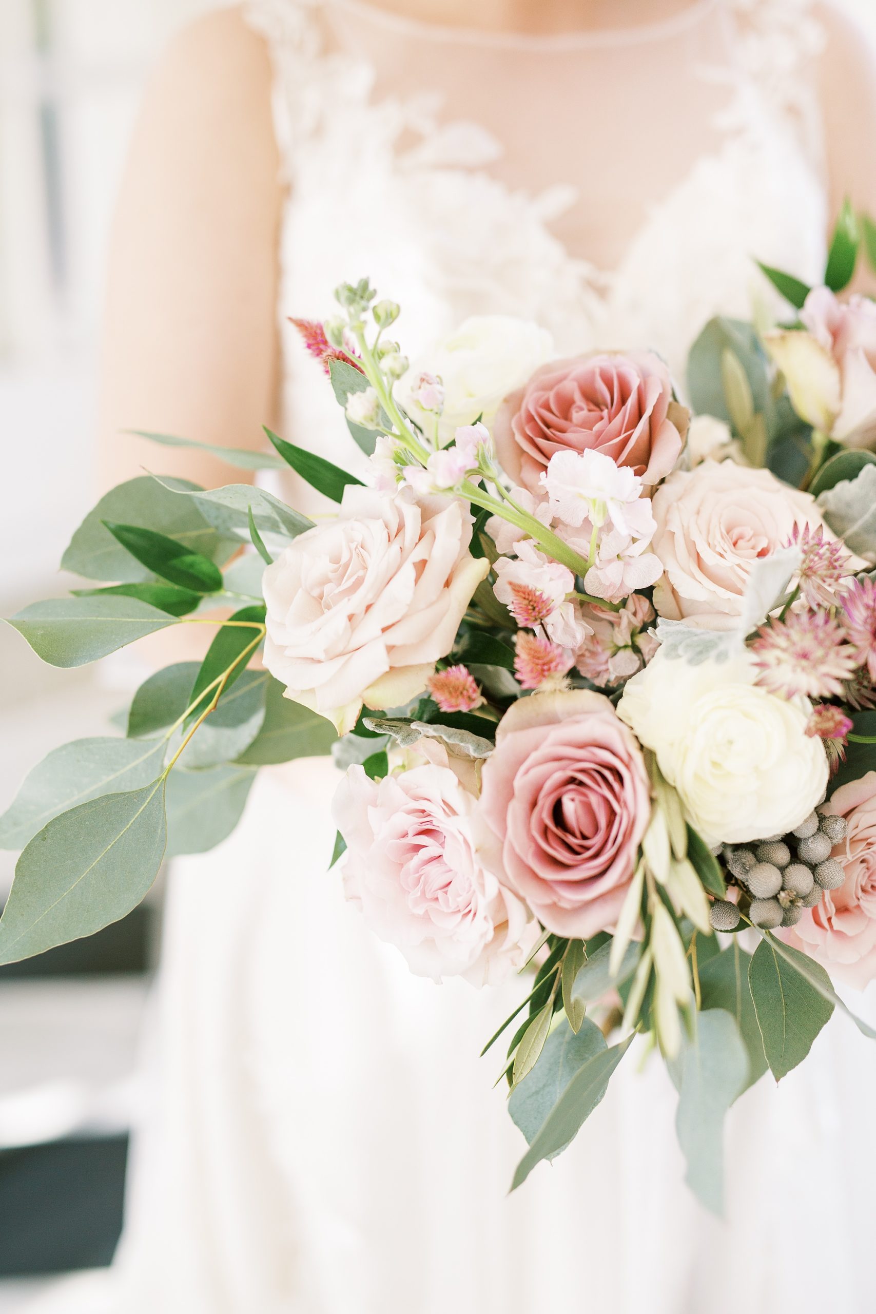bridal bouquet for mauve fall wedding with pale pink roses