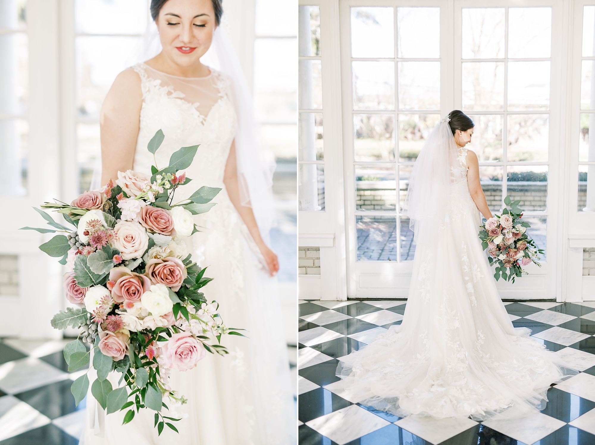 bride holds bouquet for fall wedding while showing off gown
