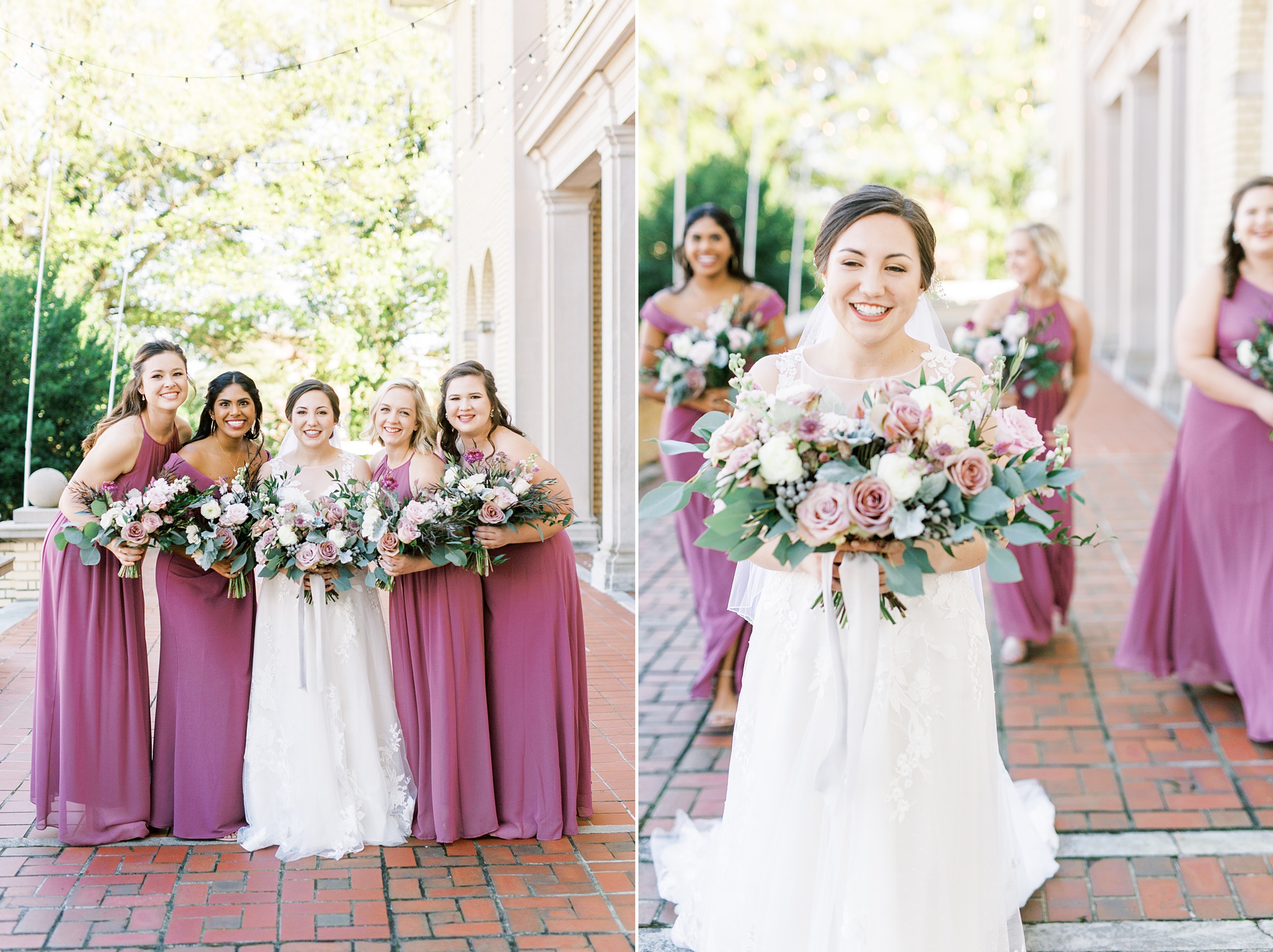 bride and bridesmaids in mauve gowns pose before mauve fall wedding