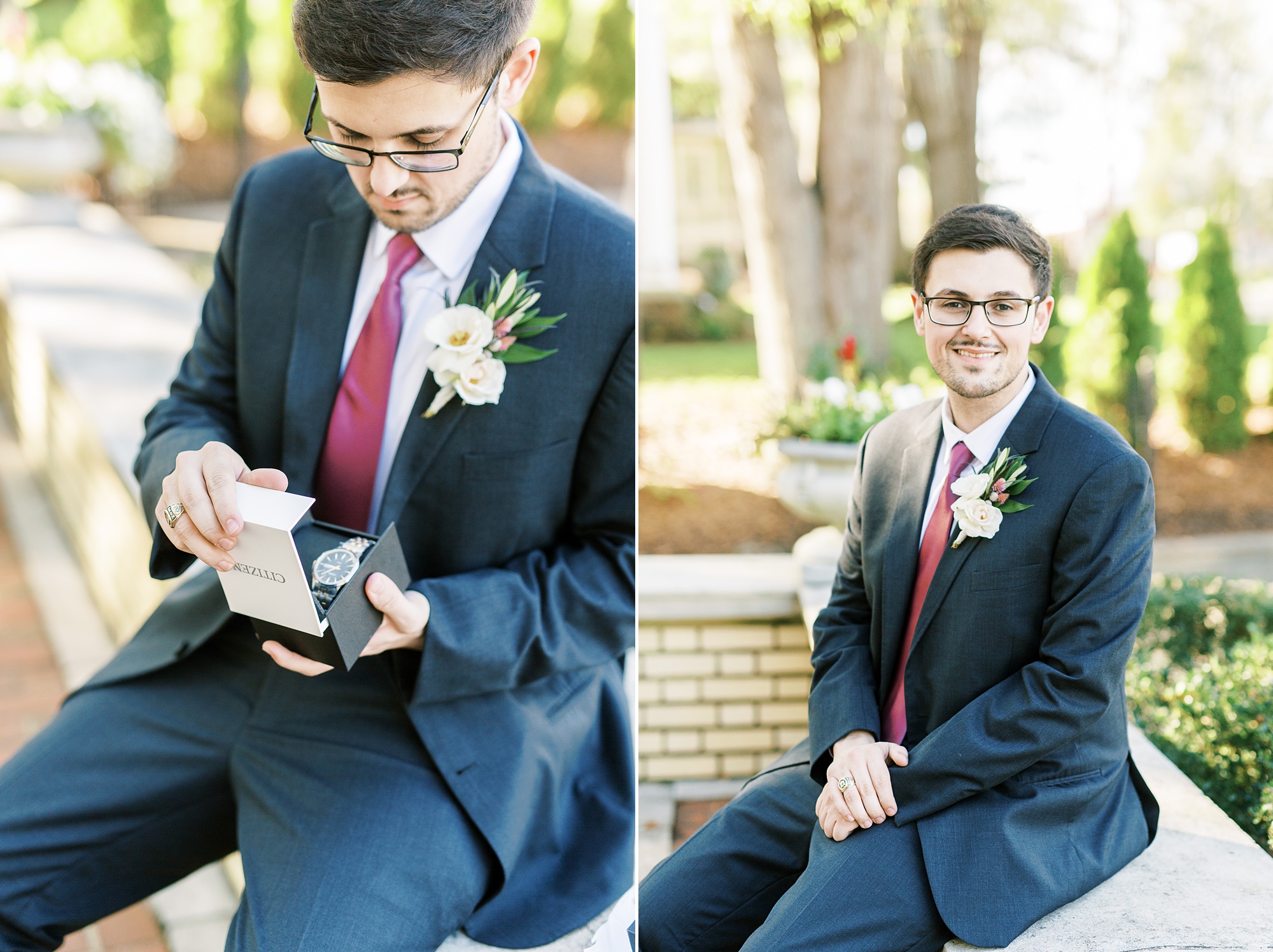 groom looks at new watch from bride while sitting on brick wall at Separk Mansion