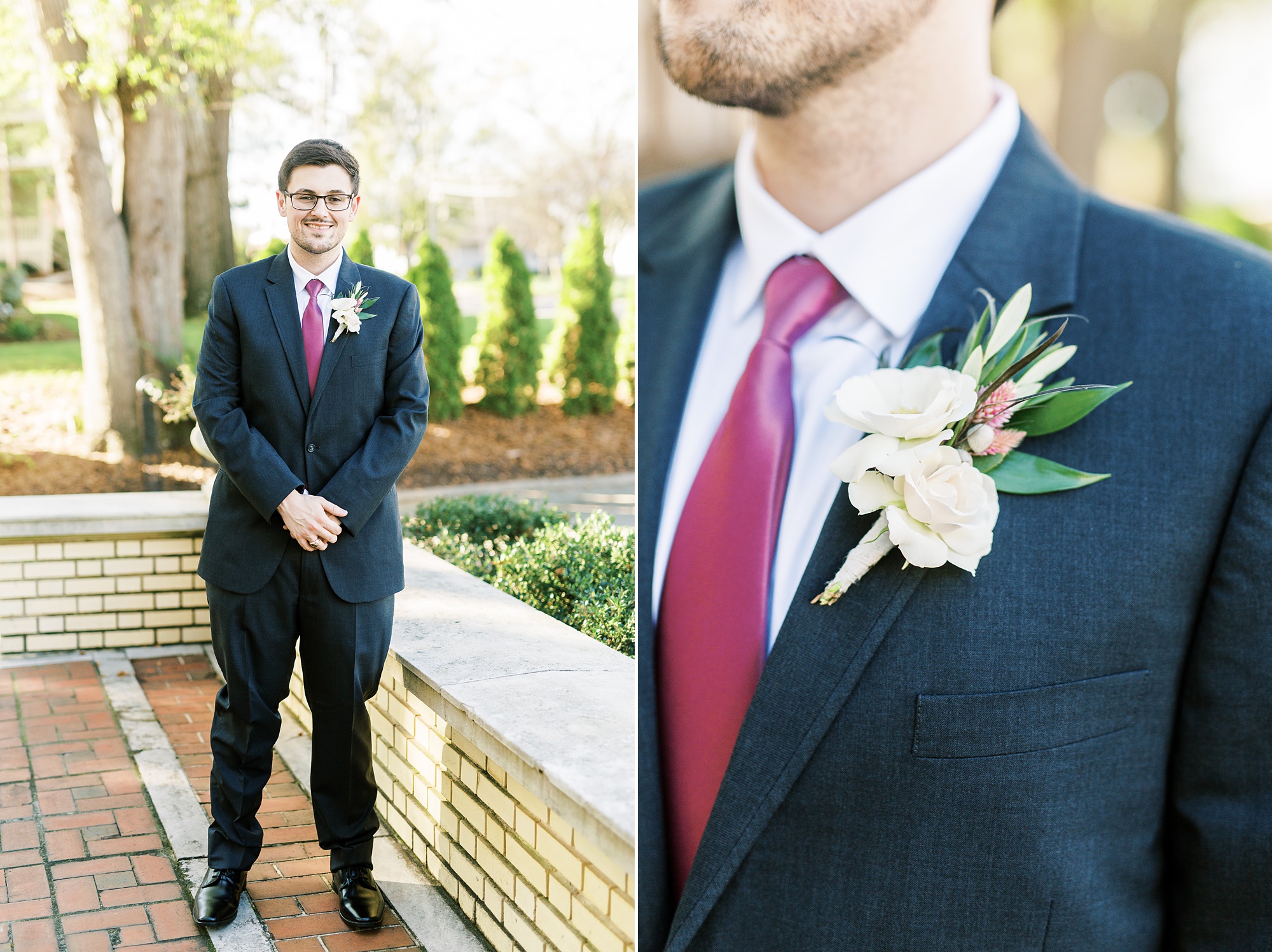 groom in navy suit with mauve tie poses on patio at Separk Mansion