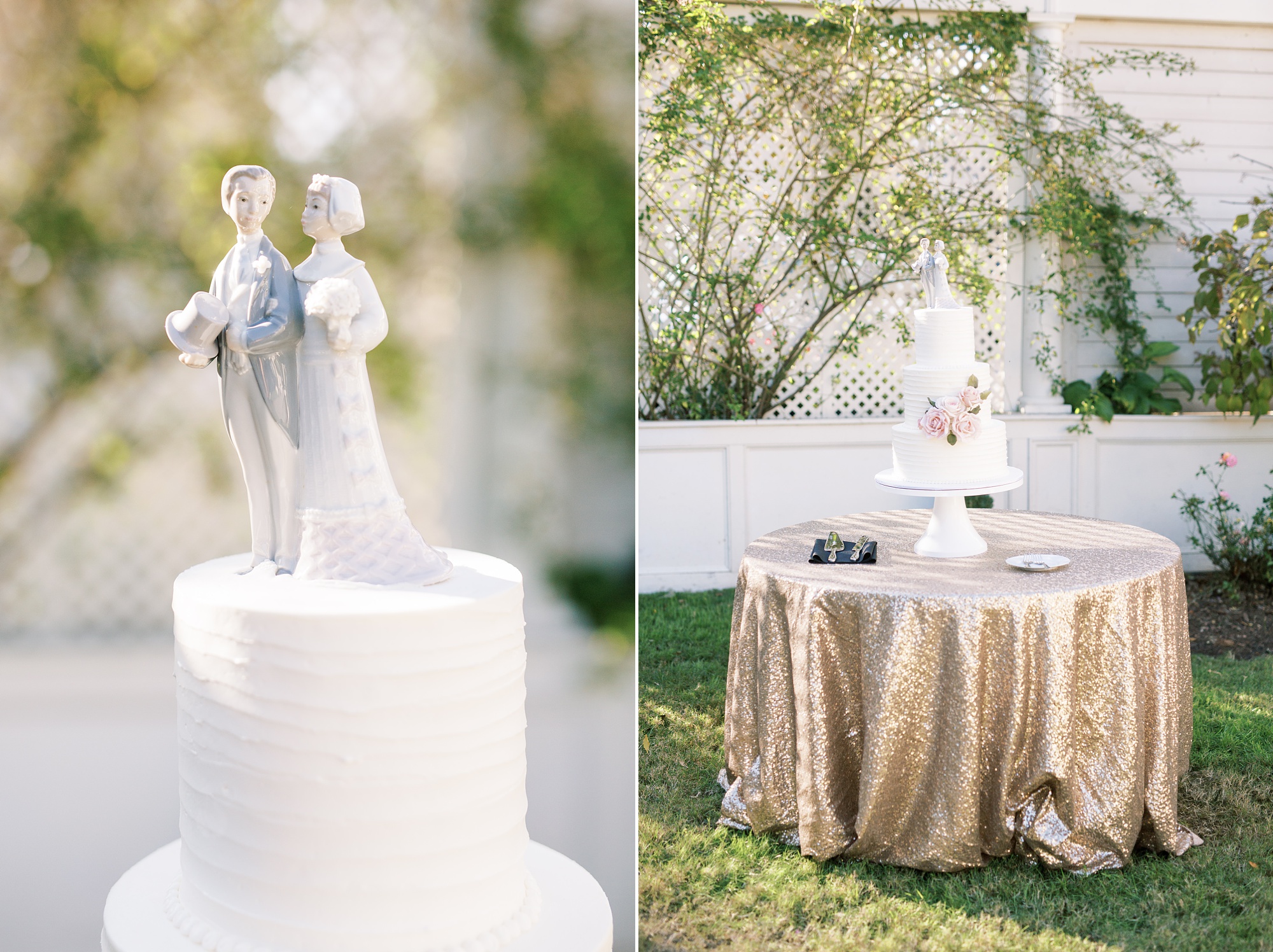 elegant fall wedding cake table with rose gold table cloth