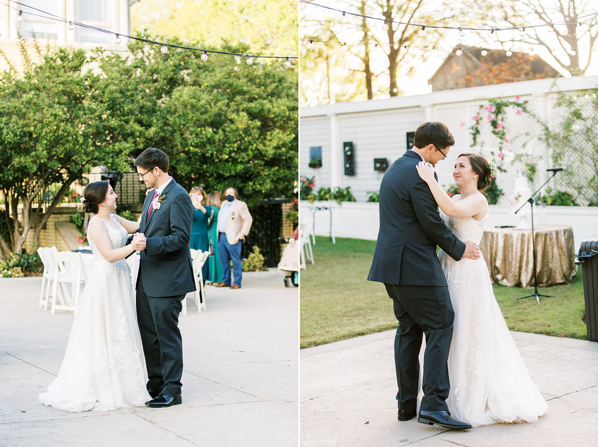 bride and groom dance during outdoor reception at Separk Mansion