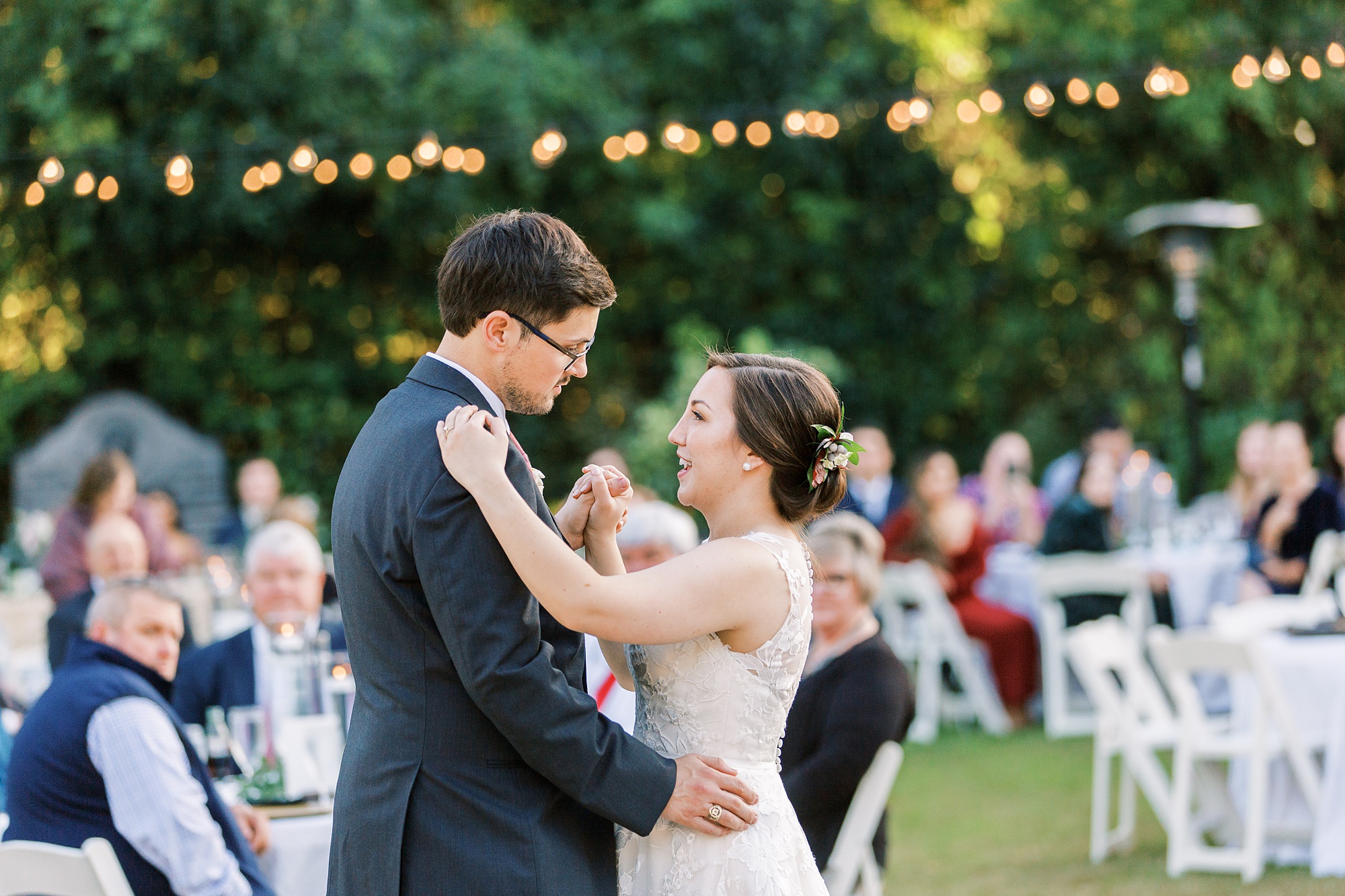 first dance for newlyweds at outdoor reception at Separk Mansion