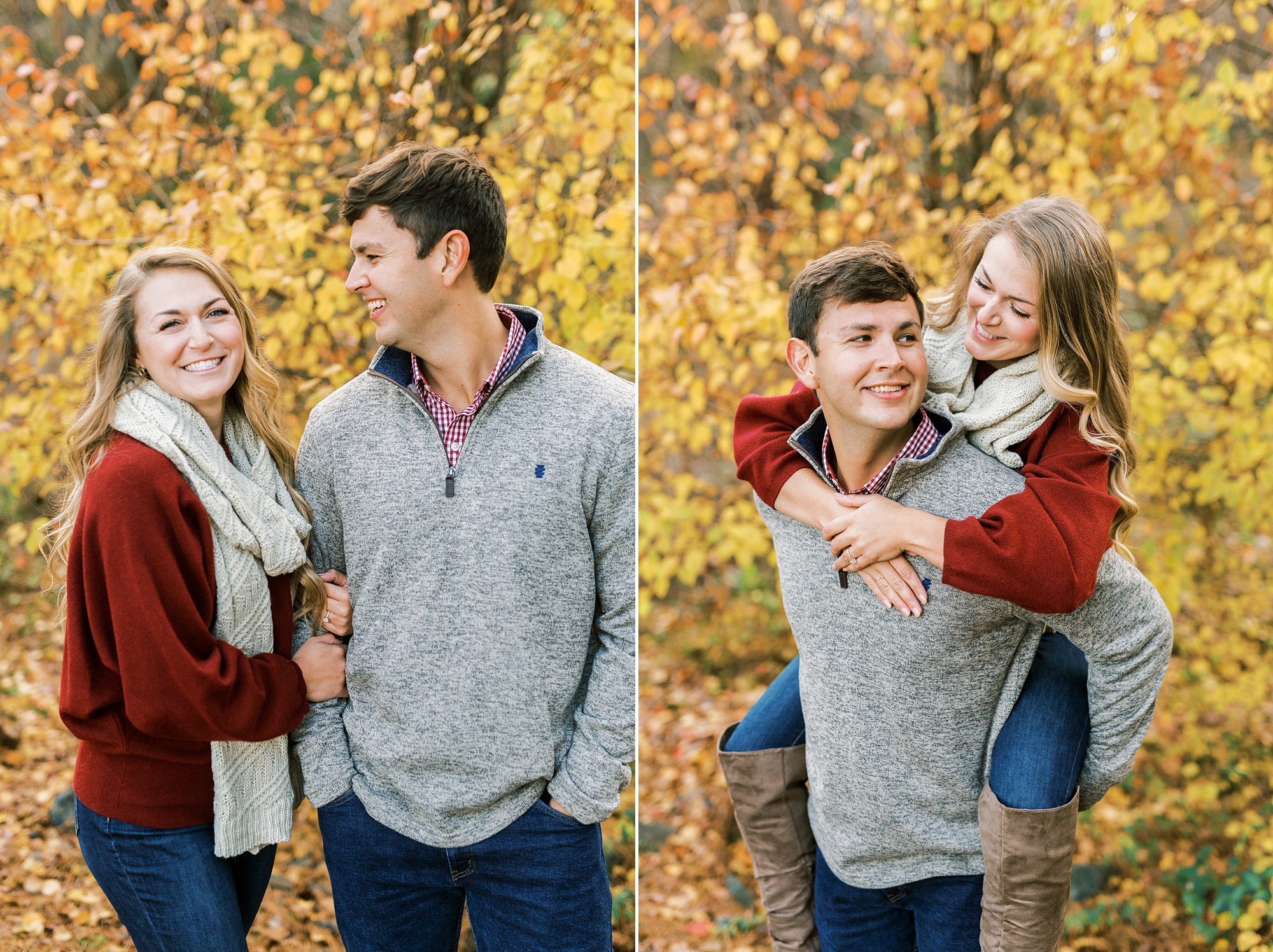 engaged couple poses by yellow tree during fall engagement photos