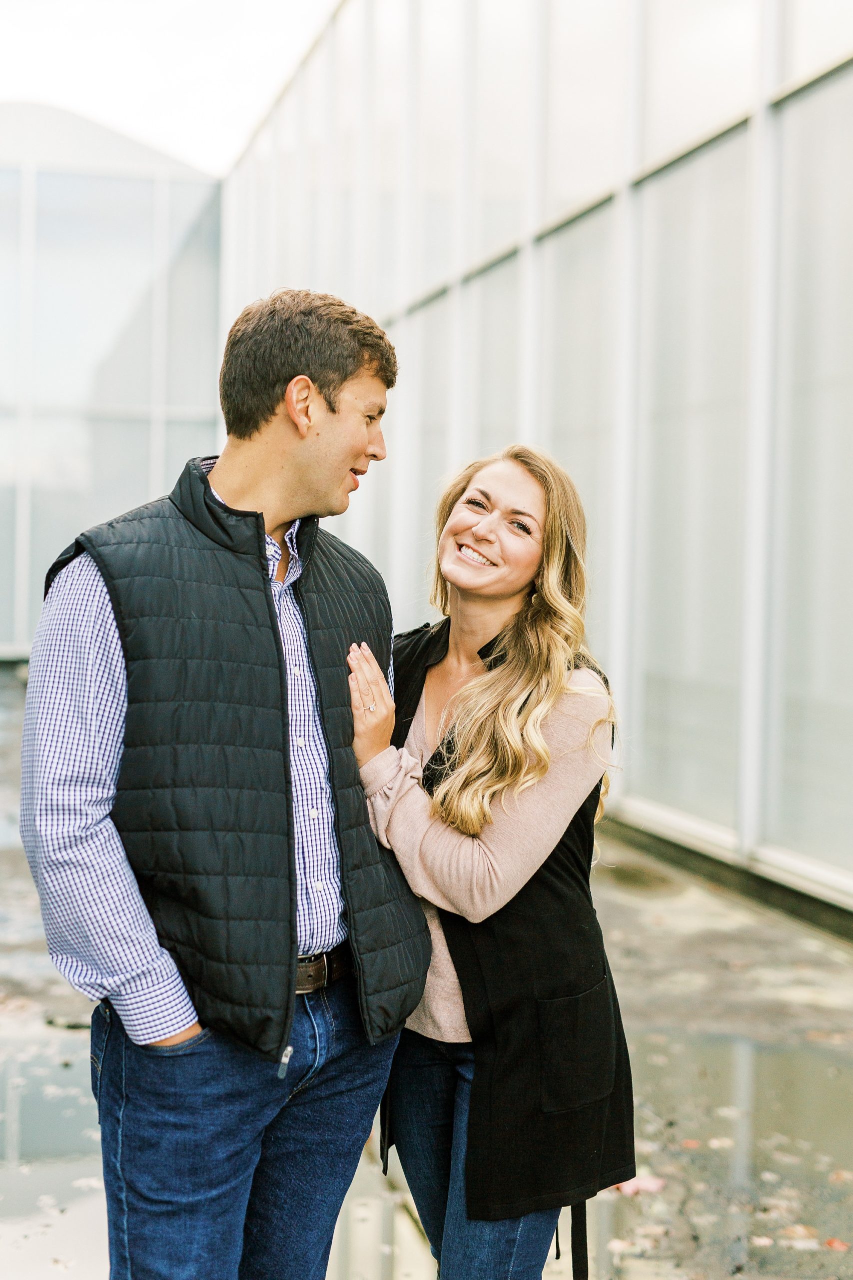 NC Museum of Art engagement session with couple in black vests