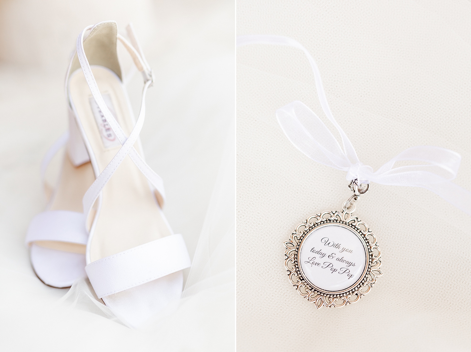 bride's shoes and charm for bouquet