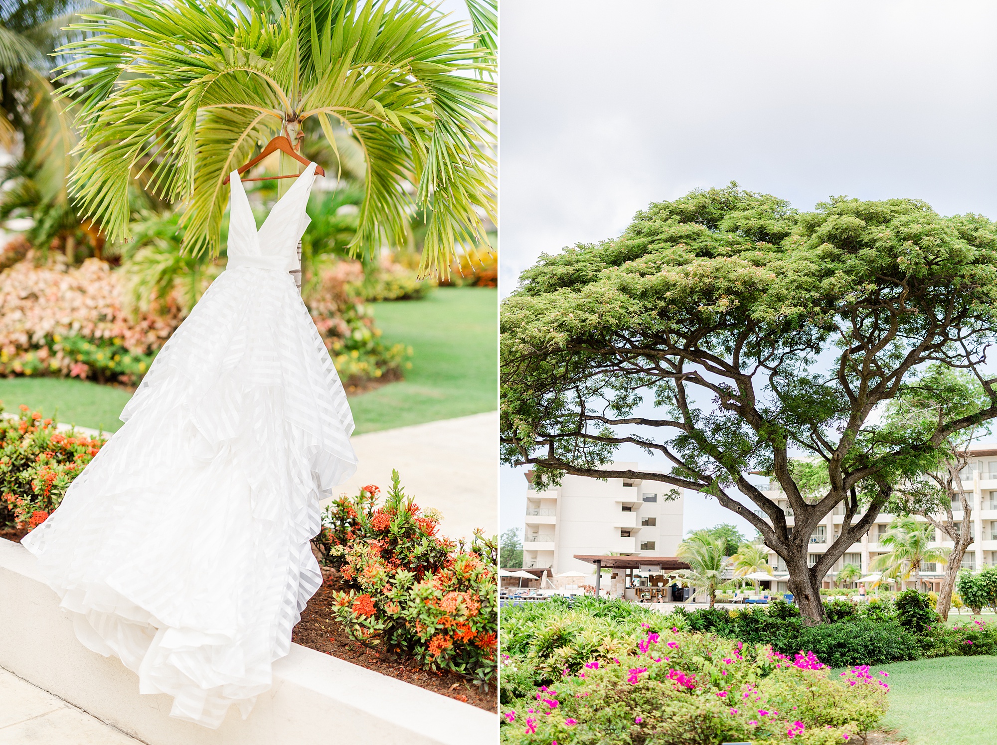 bride's dress hangs outside Royalton Resort in St Lucia