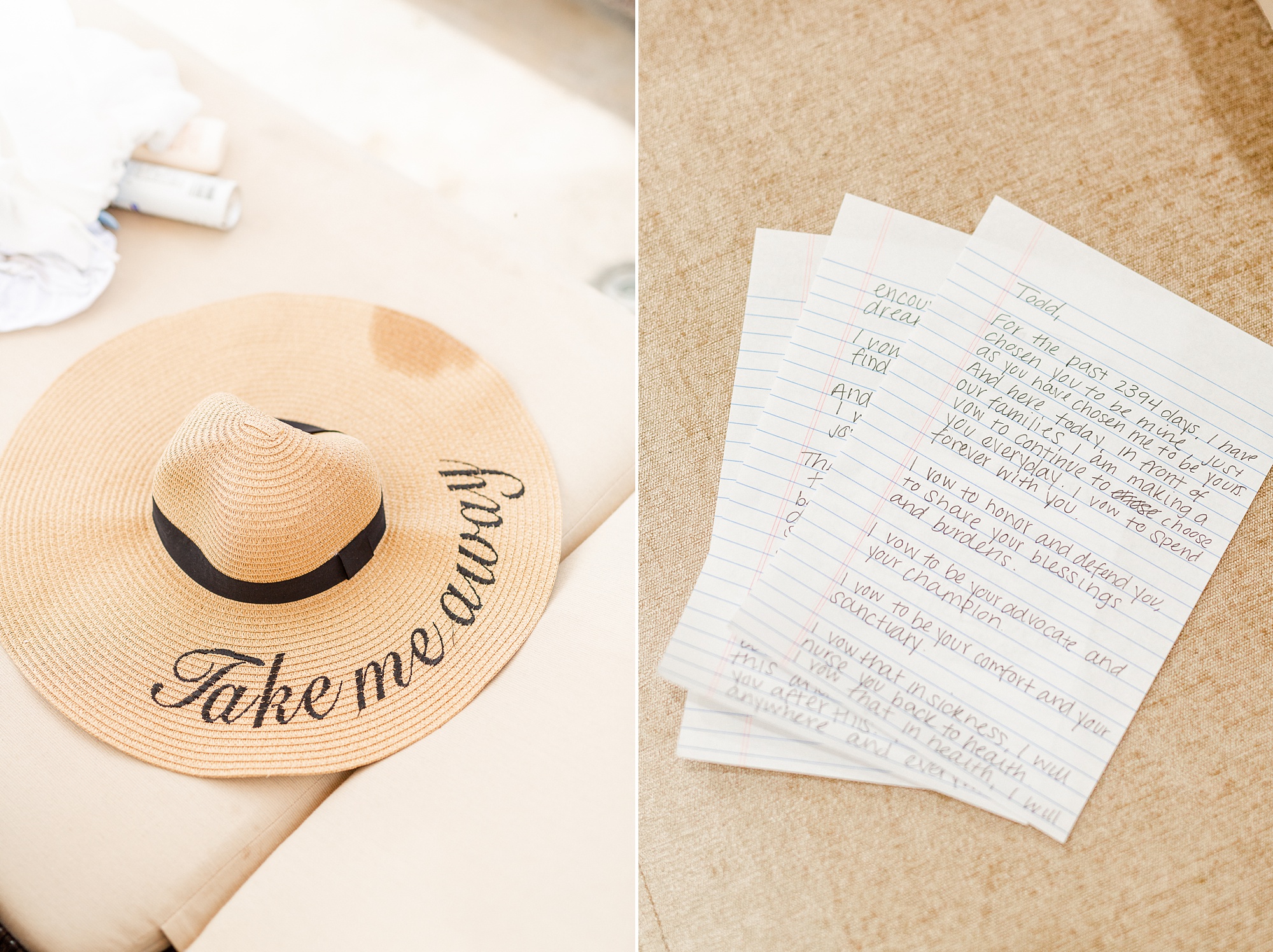 bride's beach hat and handwritten vows for beach wedding