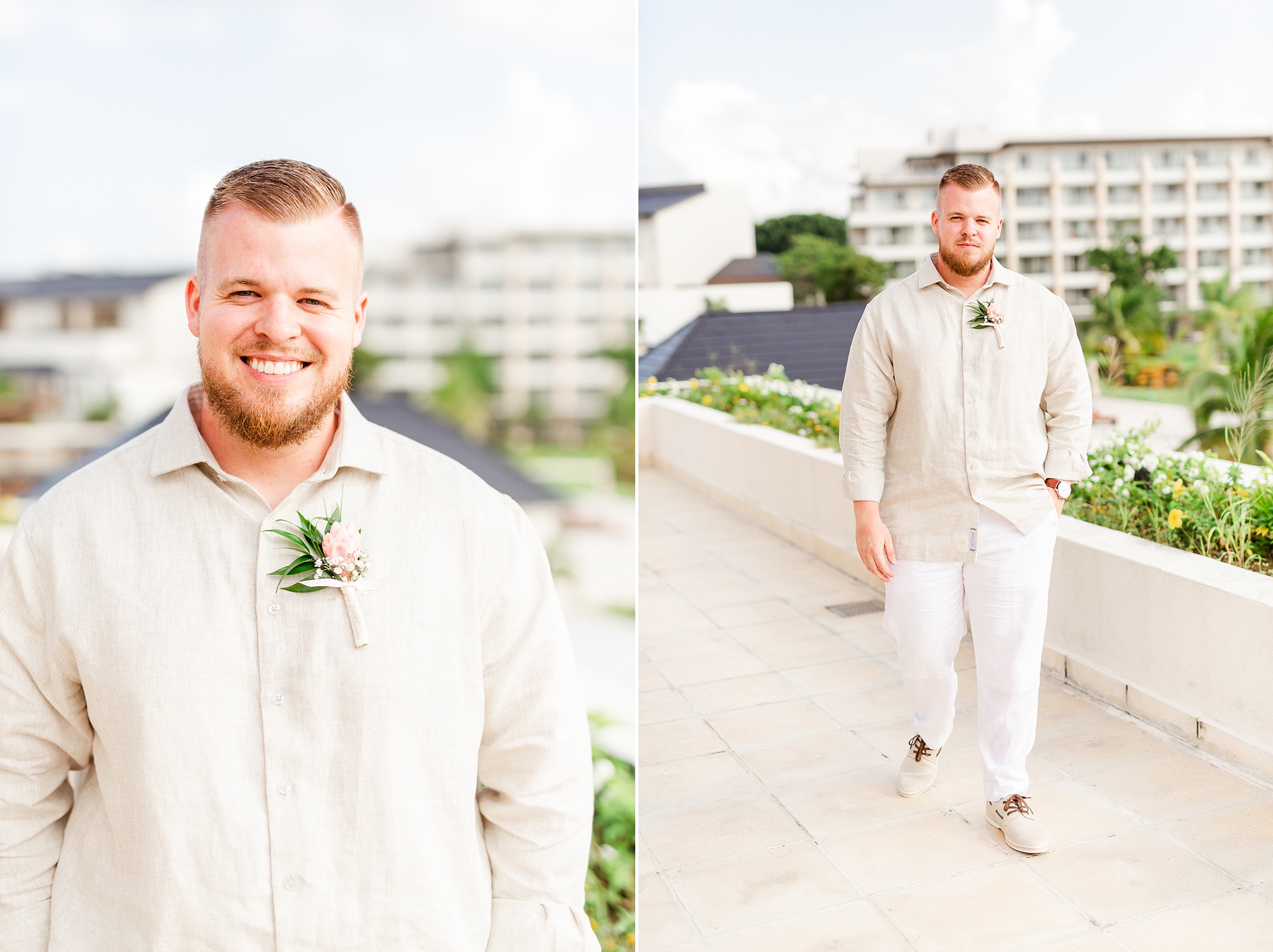 groom in tan shirt and white linen pants for beach wedding