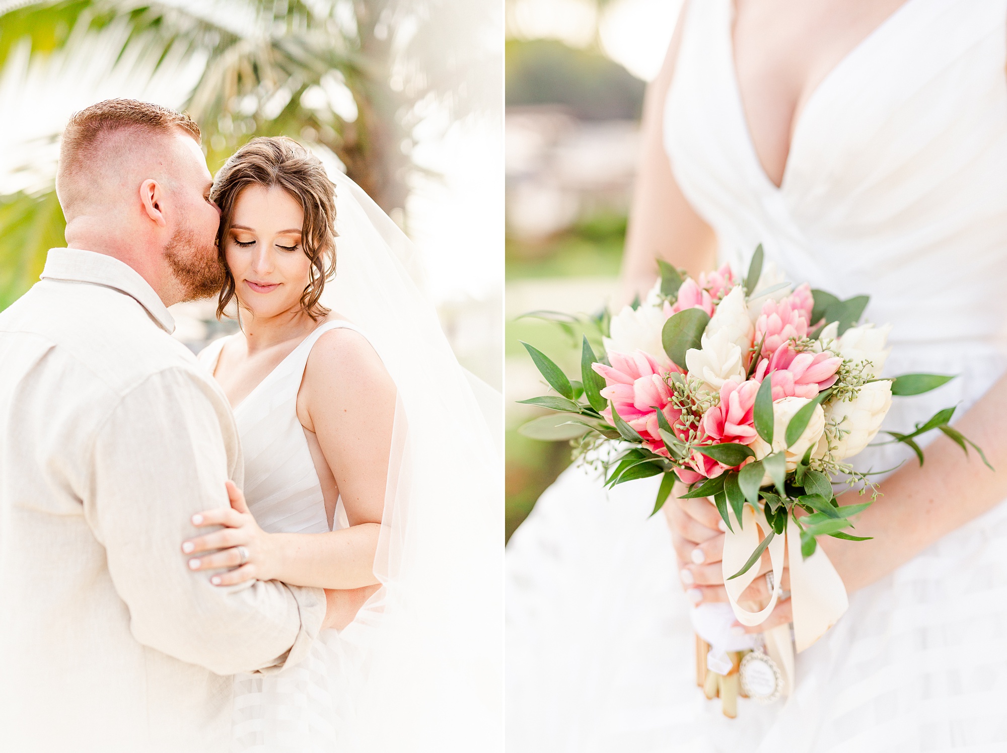 bride holds bouquet of tropical flowers for St Lucia wedding