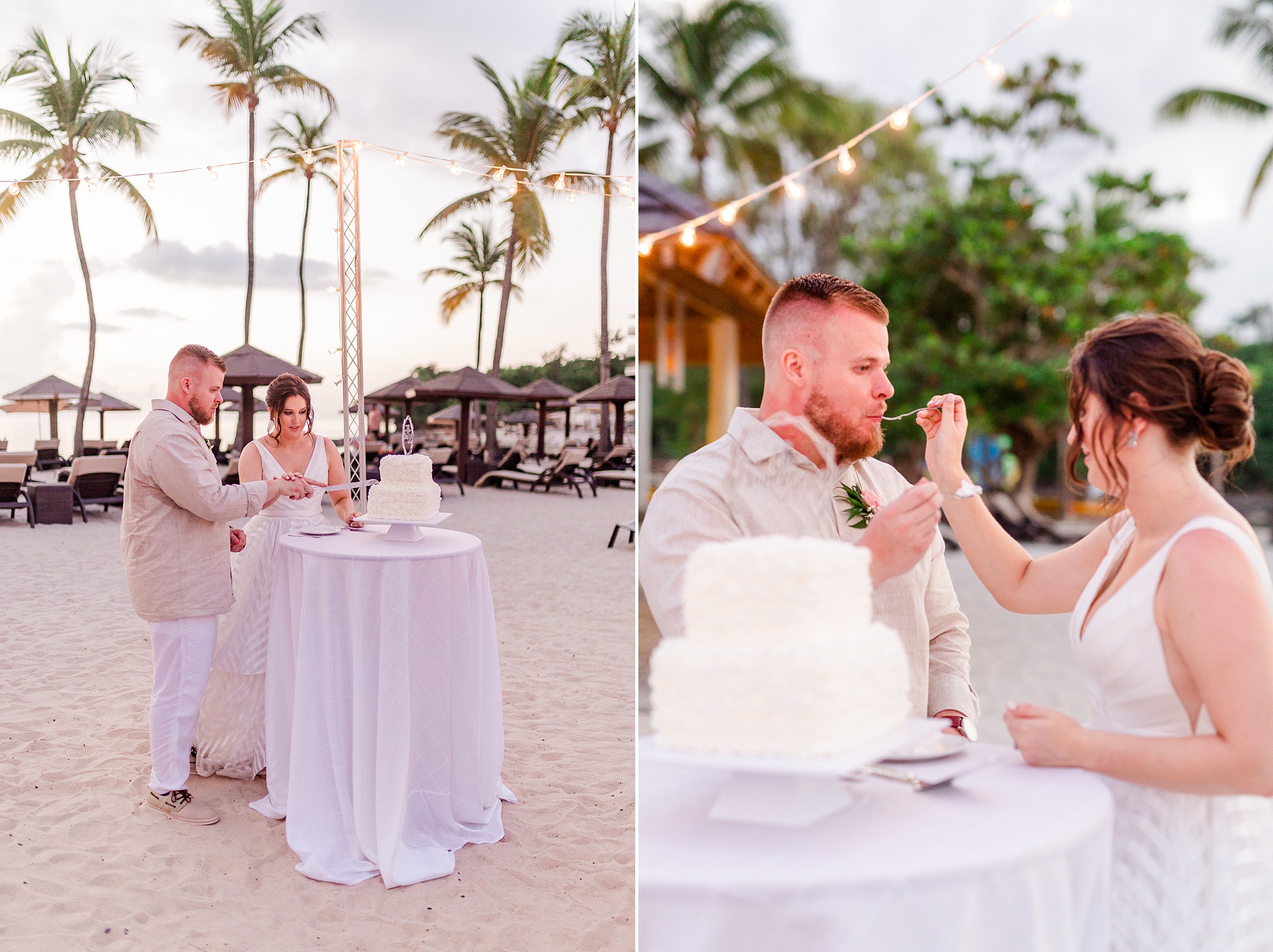 bride and groom cut wedding cake during beach wedding reception