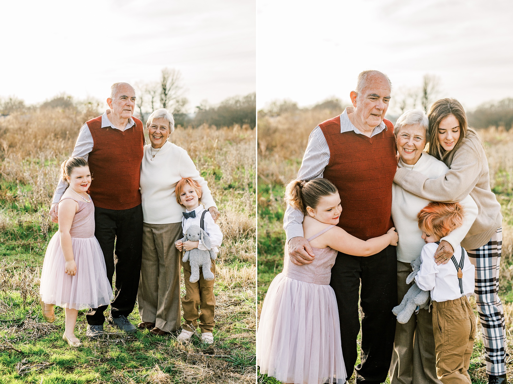 grandparents hug their grandkids during family photos