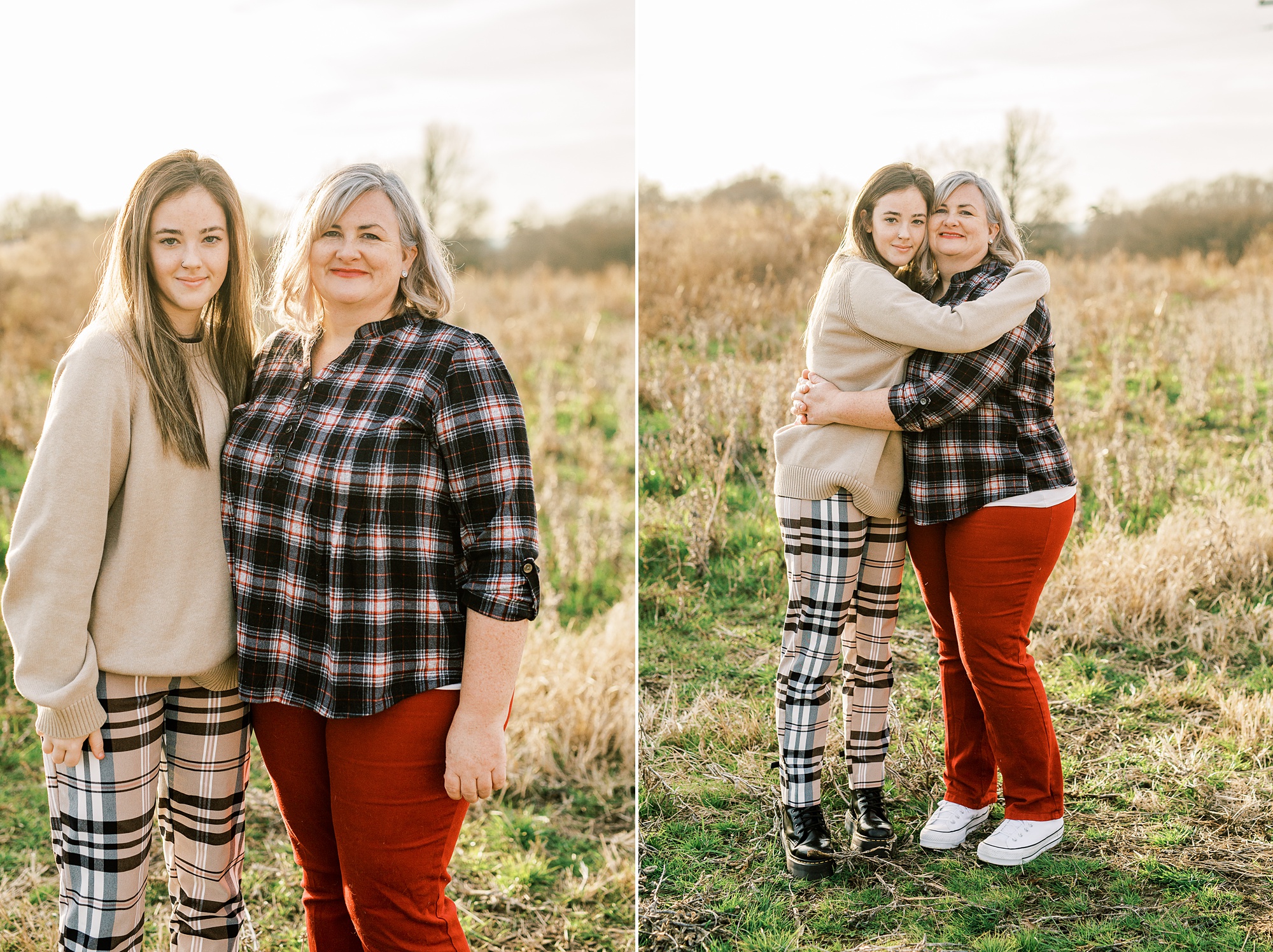mom and teenage daughter pose during 50th anniversary photos on farm
