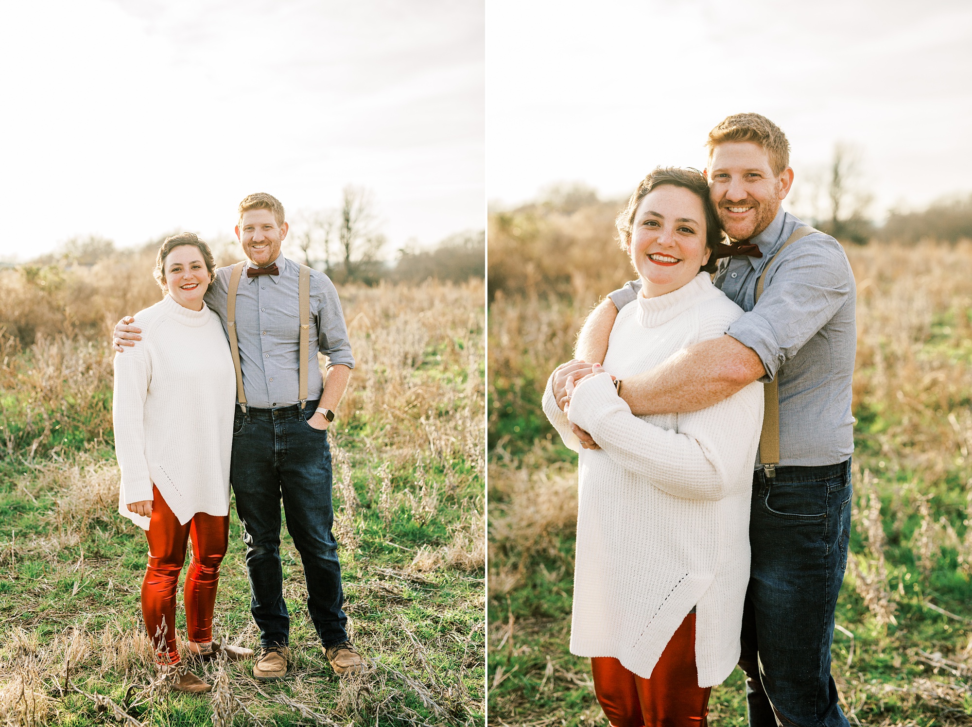 husband in bowtie hugs wife during family photos