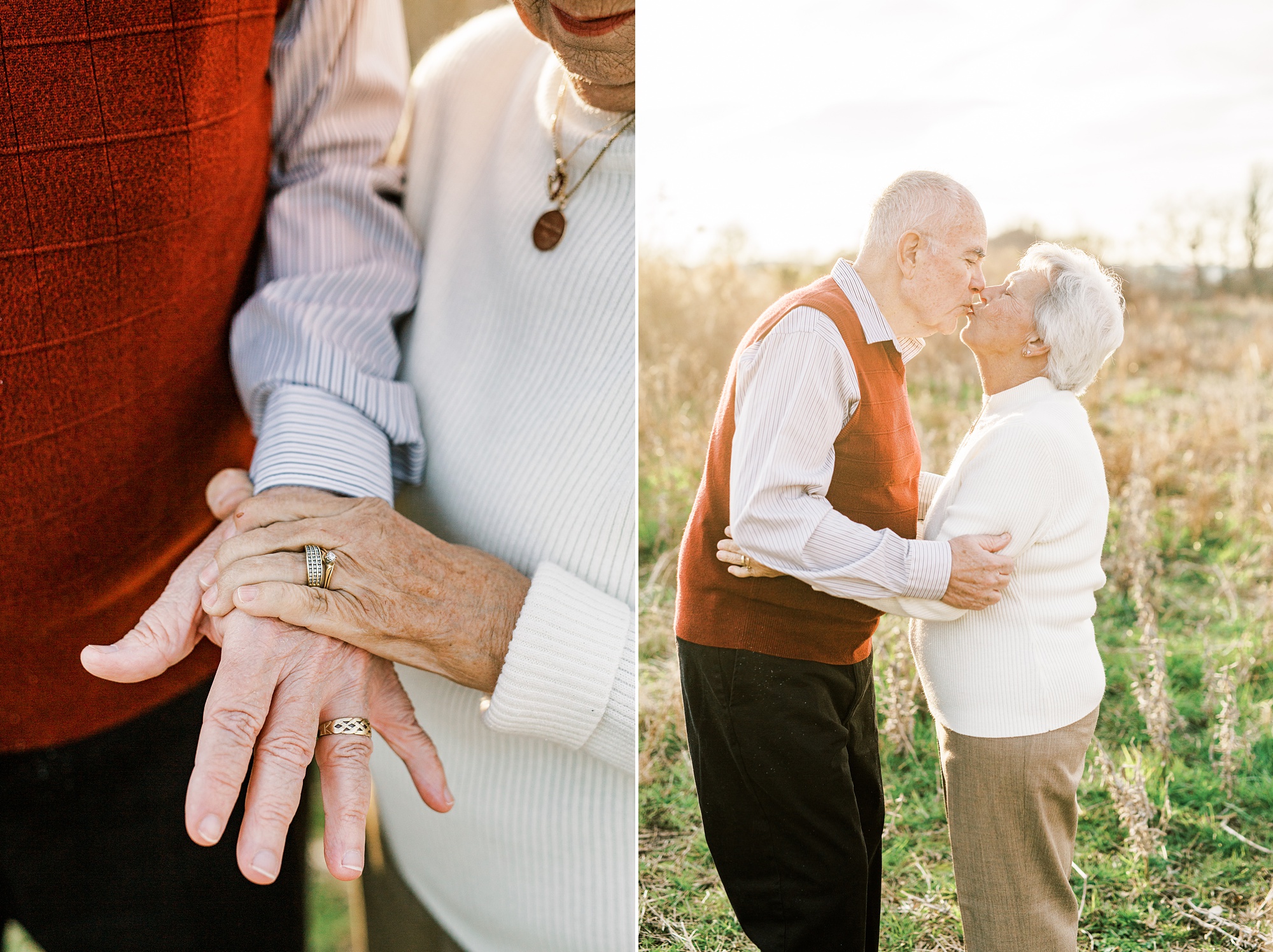 husband and wife show off wedding bands during family portraits