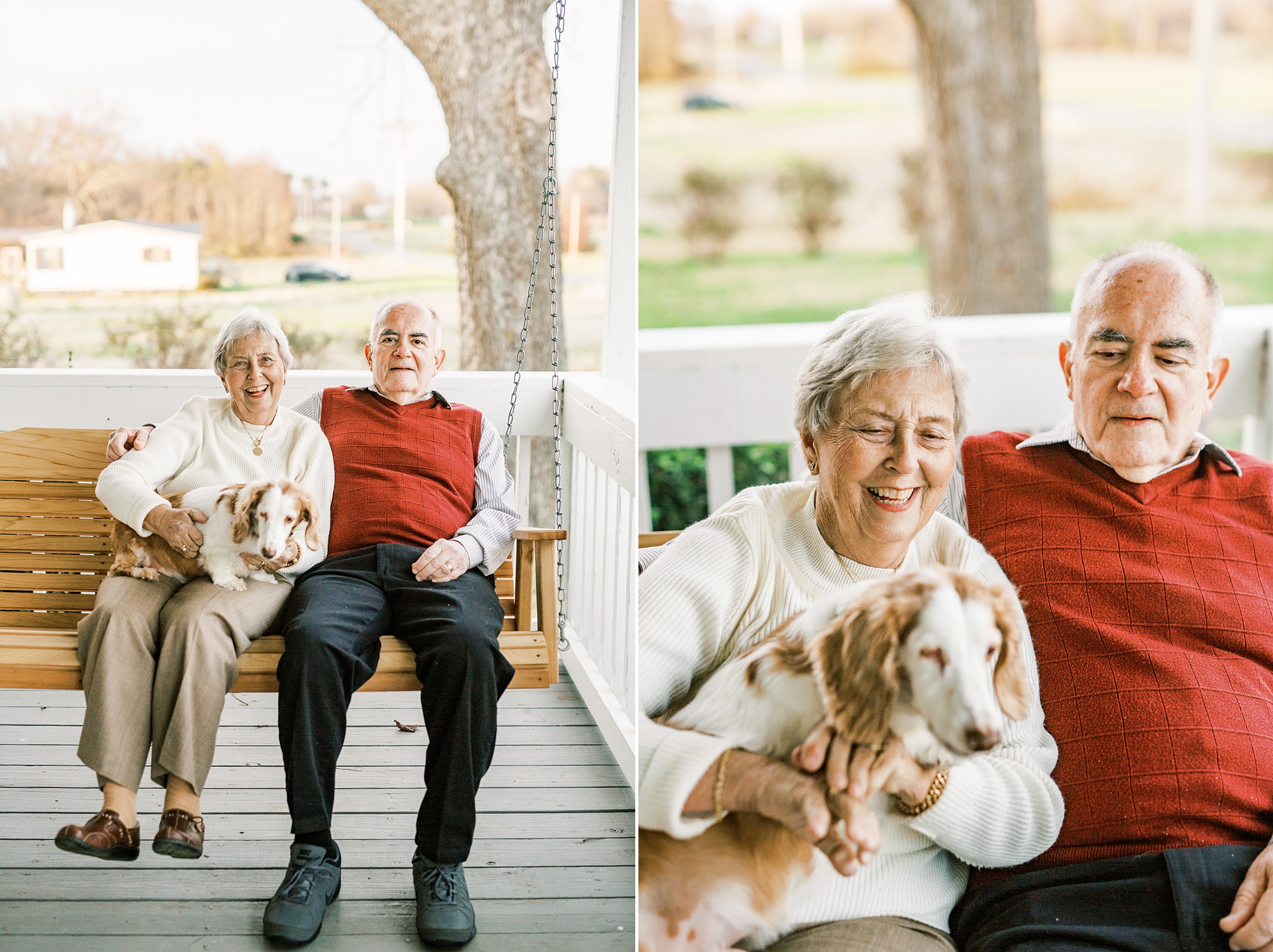 couple poses with elderly dog on front porch during 50th anniversary photos